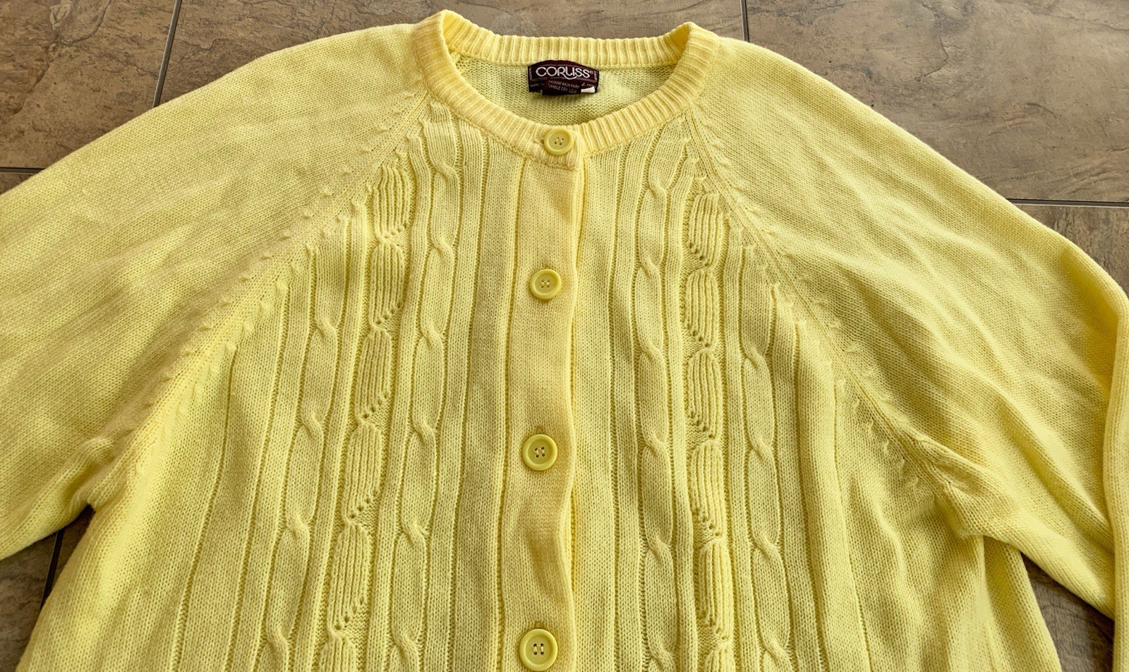 Vintage 70s Corliss Women’s 44 XL Yellow Button Up Cardigan Sweater Pockets