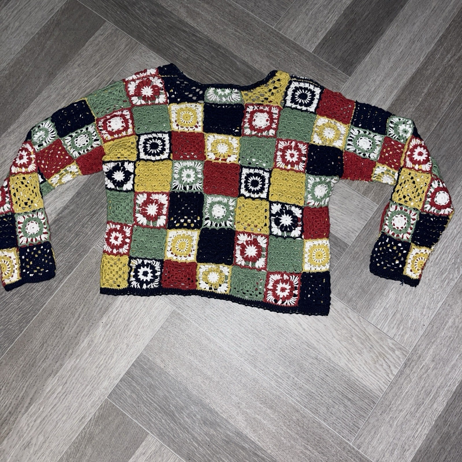 Papillon Los Angeles Crochet Granny Square Long Sleeve Top Vintage Multi Sz Med