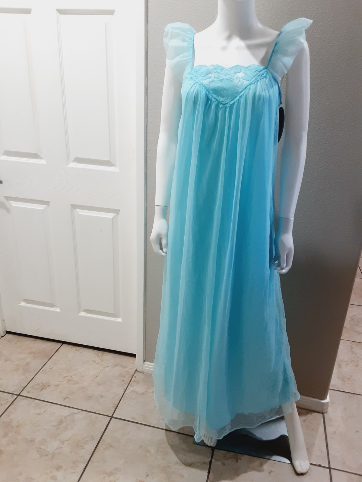 Vtg MOVIE STAR Nightgown Blue Nylon Lined Chiffon Lace Sz Medium NEW USA Made