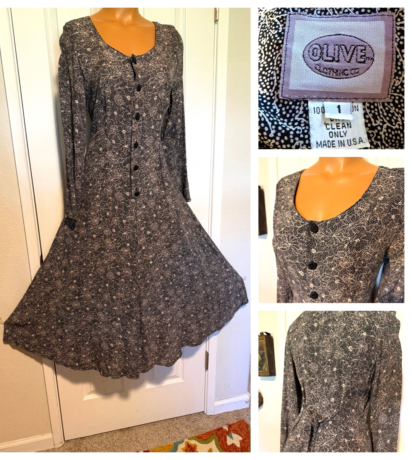 VTG 90’s OLIVE CLOTHING CO BLACK FLORAL RAYON RETRO SWING DRESS SZ S