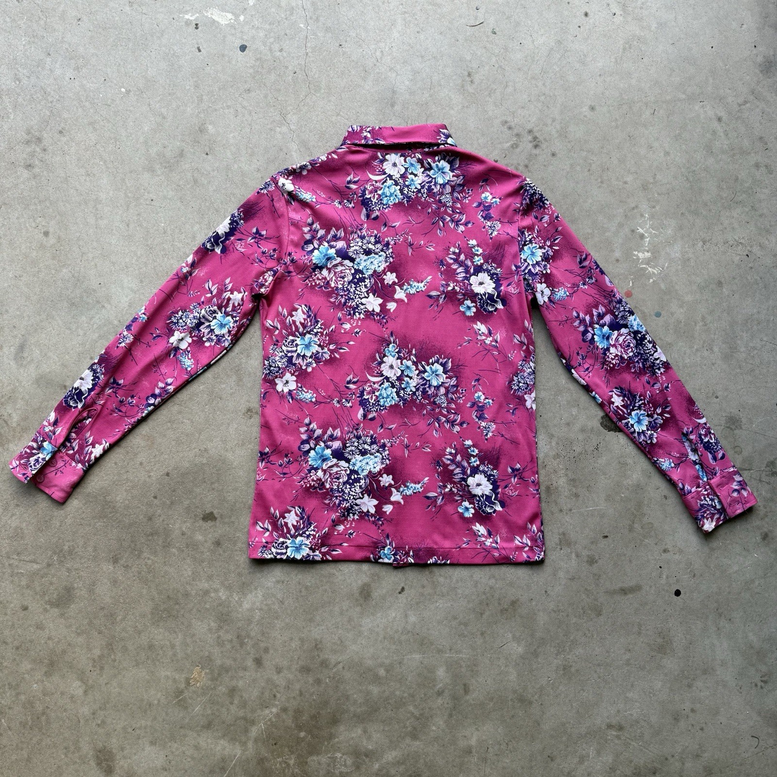 Disco Retro Vintage 70s Floral Blouse Pink Fuchsia Button Up Polyester Womens M