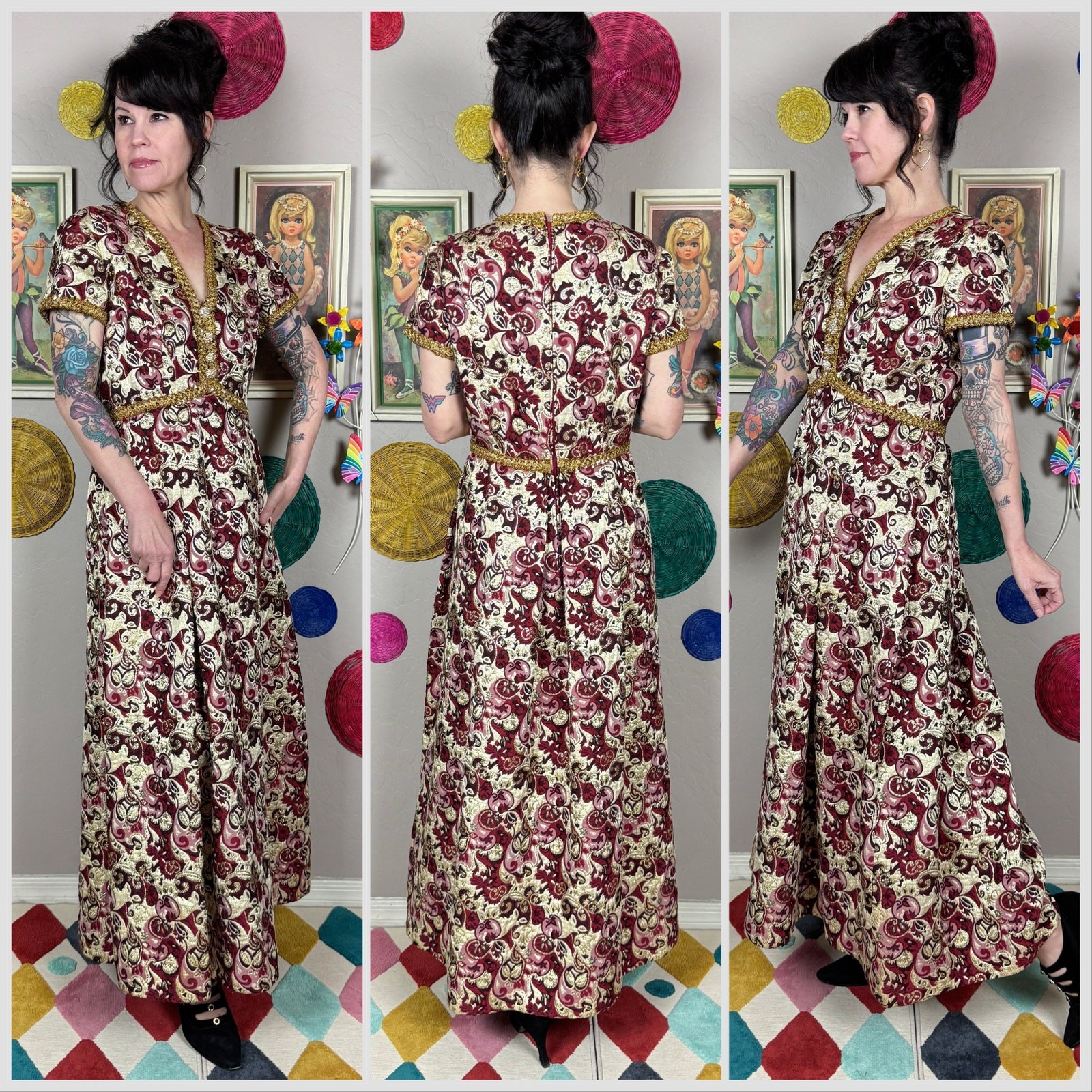 Vintage 1970s Metallic Gold and Maroon Floral Brocade Dress | 30″ Waist
