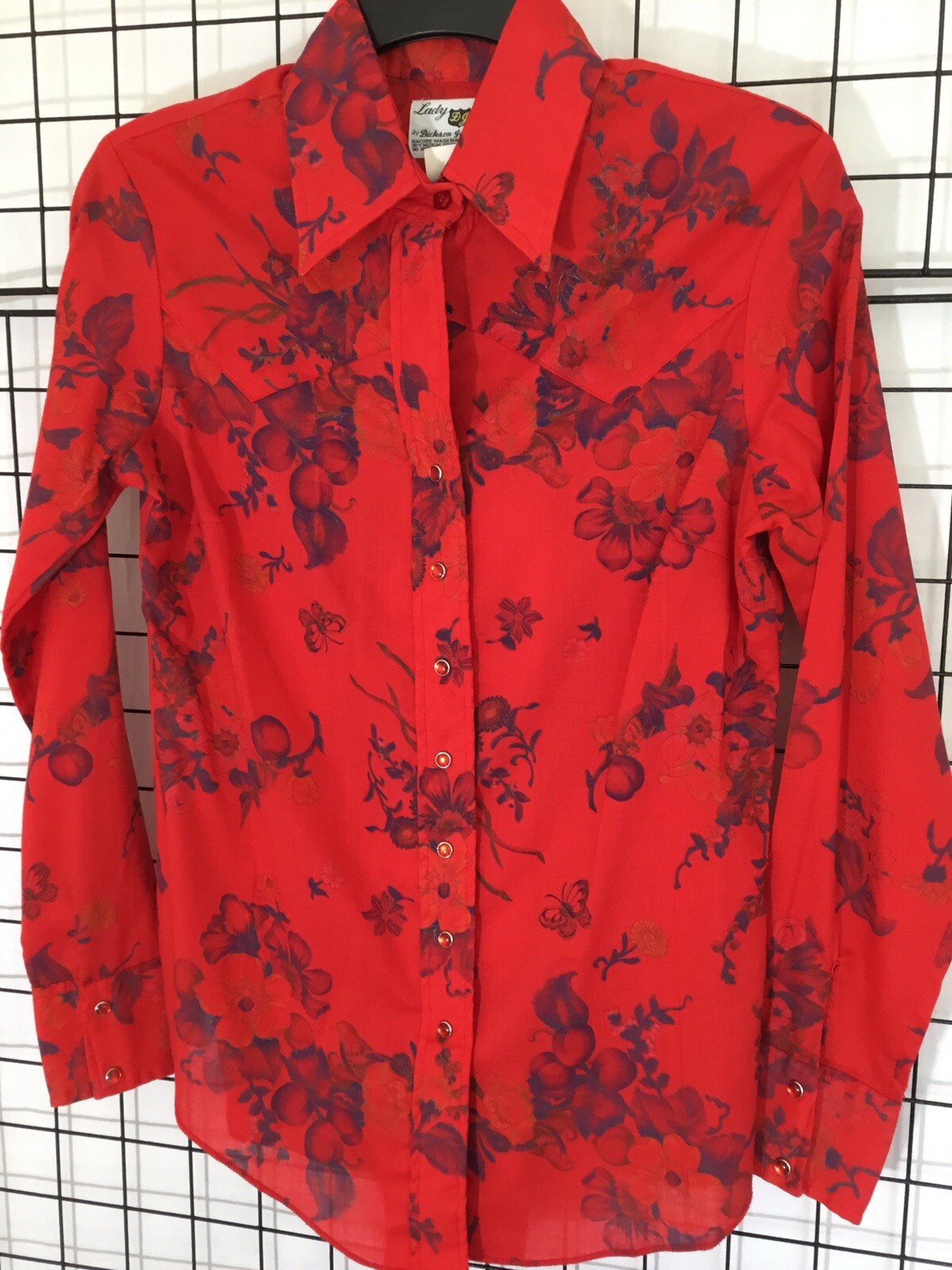 Vintage Lady DJ by Dickson-Jenkins Bright Red Floral Blouse Western Style 1970’s