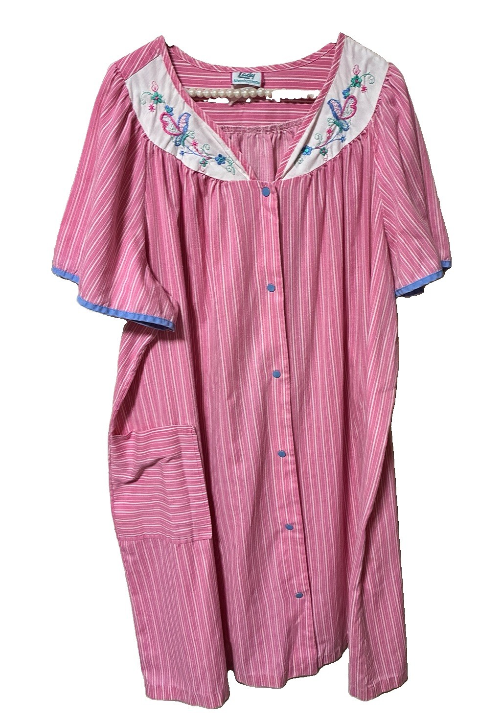 VTG Lady Embroidery Lady Manhattan Pink House dress Bust 56 L 40 No SZ Label