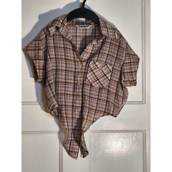Vintage Langtry Ltd Plaid Tie Front Crop Top Brown Blue Yellow Short Sleeve S