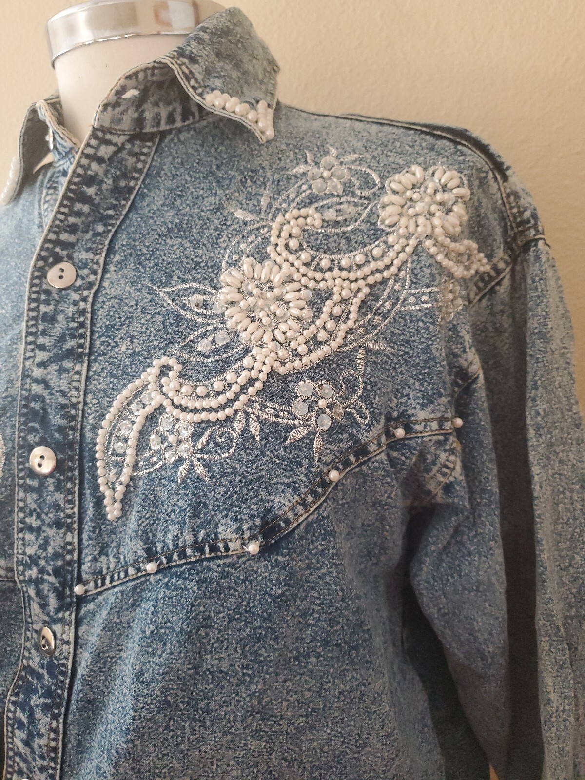 Vintage Jane Ashley Pearl Beaded Embroidered Applique Long Sleeve Shirt Sz Small