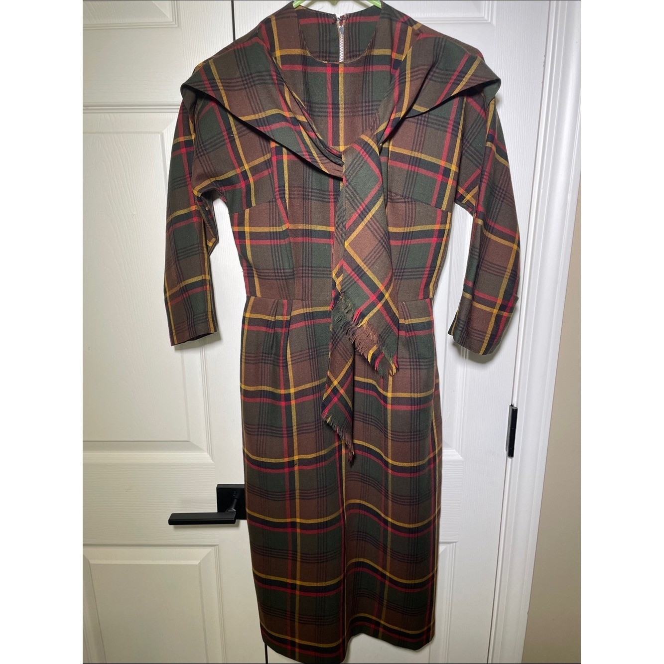 VTG 1950s Jerell Jr NY Brown Plaid Pencil Dress Neck Tie Size XS