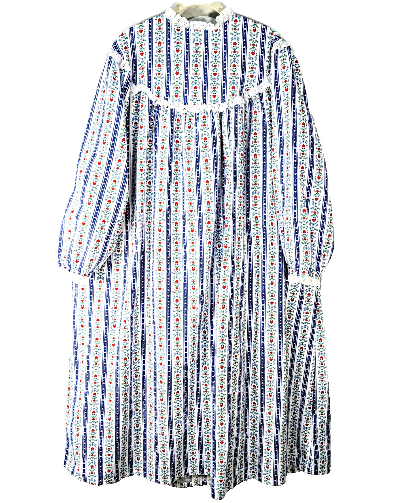 NEW LANZ 2X Tyrolean Hearts Floral Stripe Eyelet Lace 49″ Long Flannel Nightgown