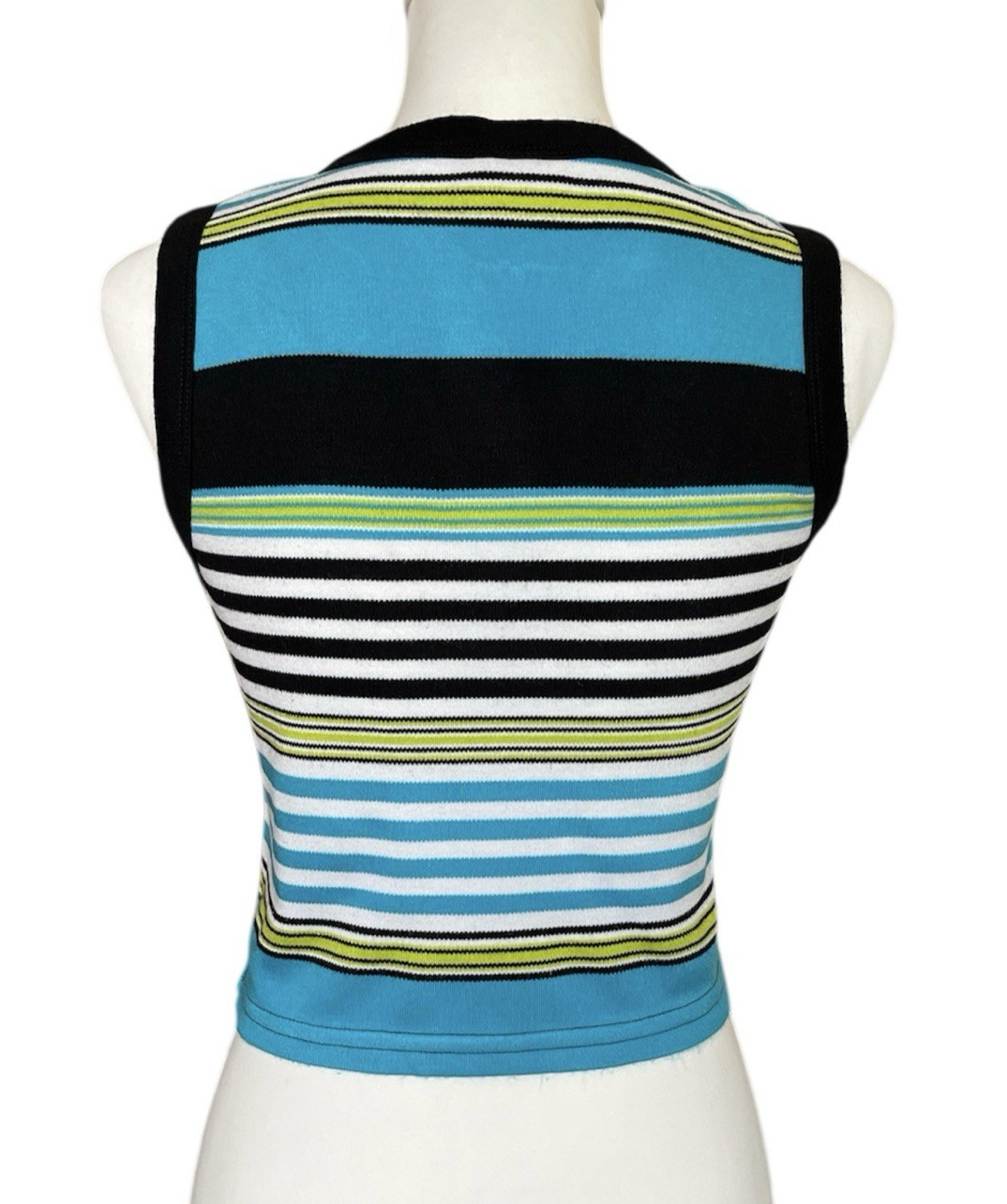 Vintage Y2K Striped Knit Zip Front Crop Top Blue Sleeveless Skater Girl 90s S