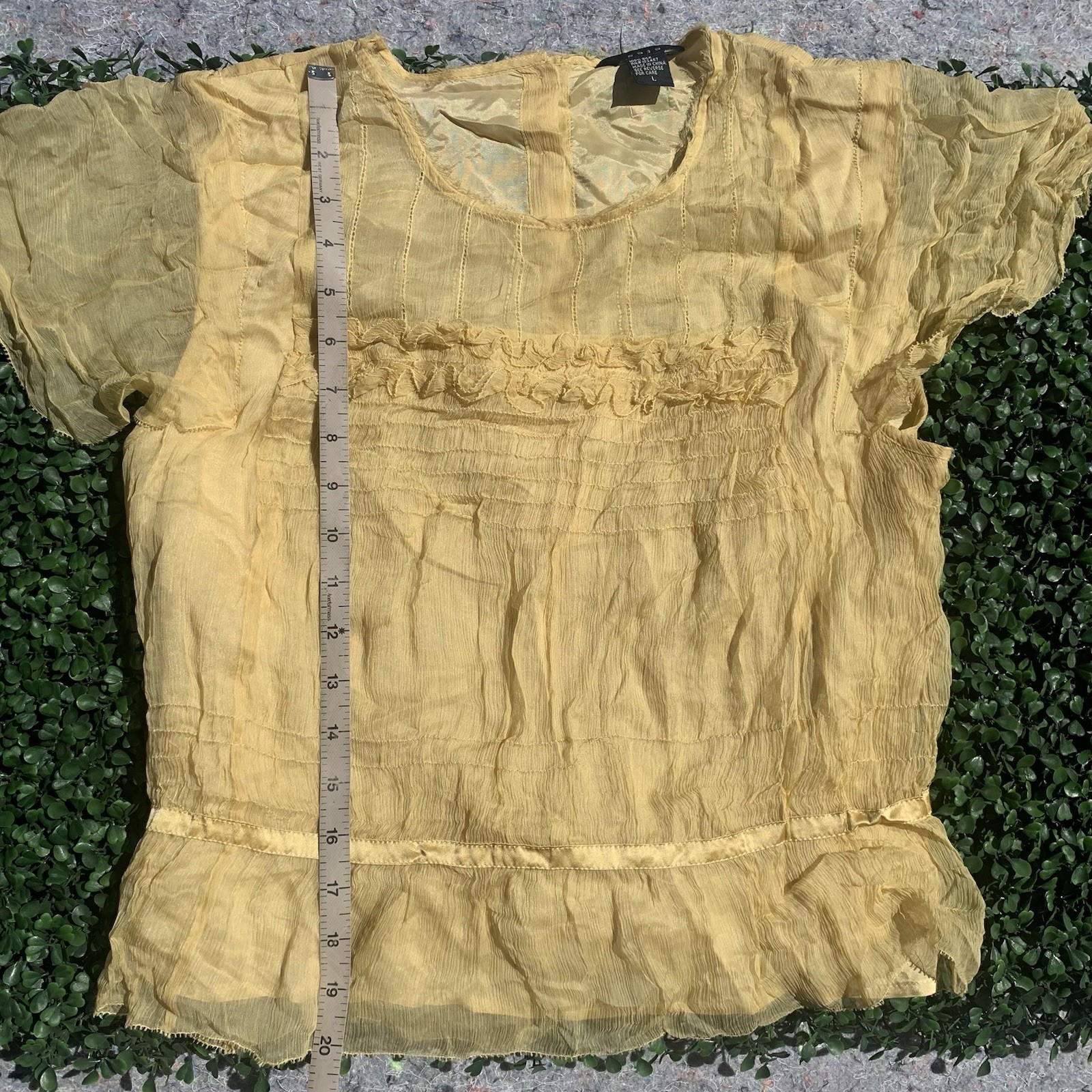 As Is vintage 90s Y2K designer yellow gold silk chiffon crop blouse top