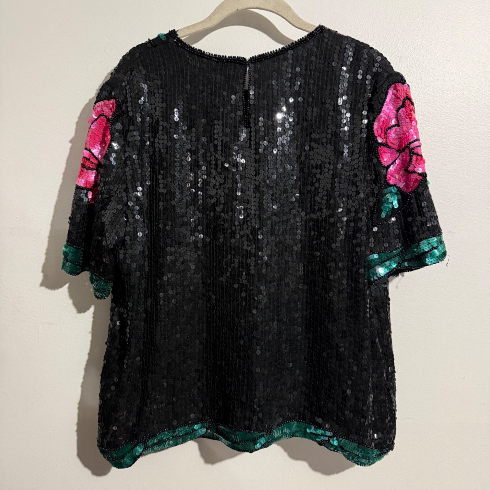 Vintage Royal Feelings Black Silk Sequin Floral Beaded Top L Pink Roses Glam