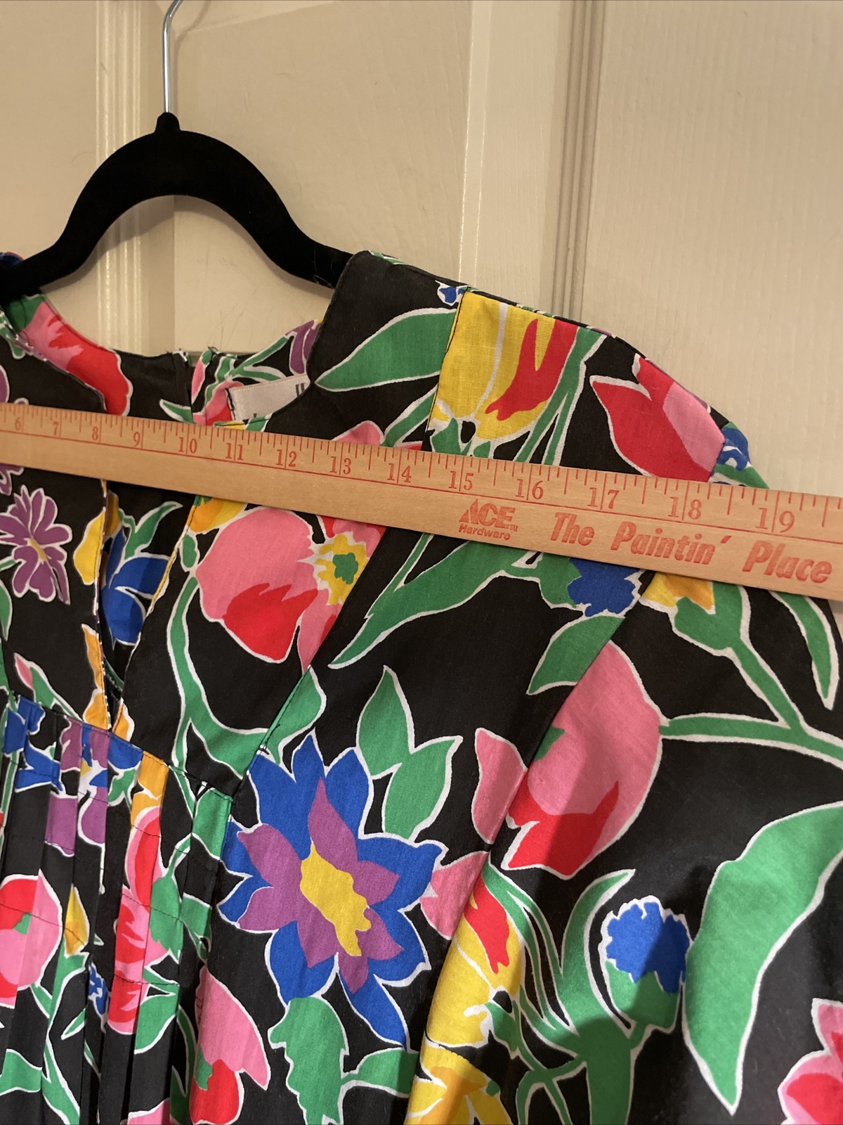 Vintage 70s 80s David Brown, Black Multi Color Flower Hawaiian Print Dress L