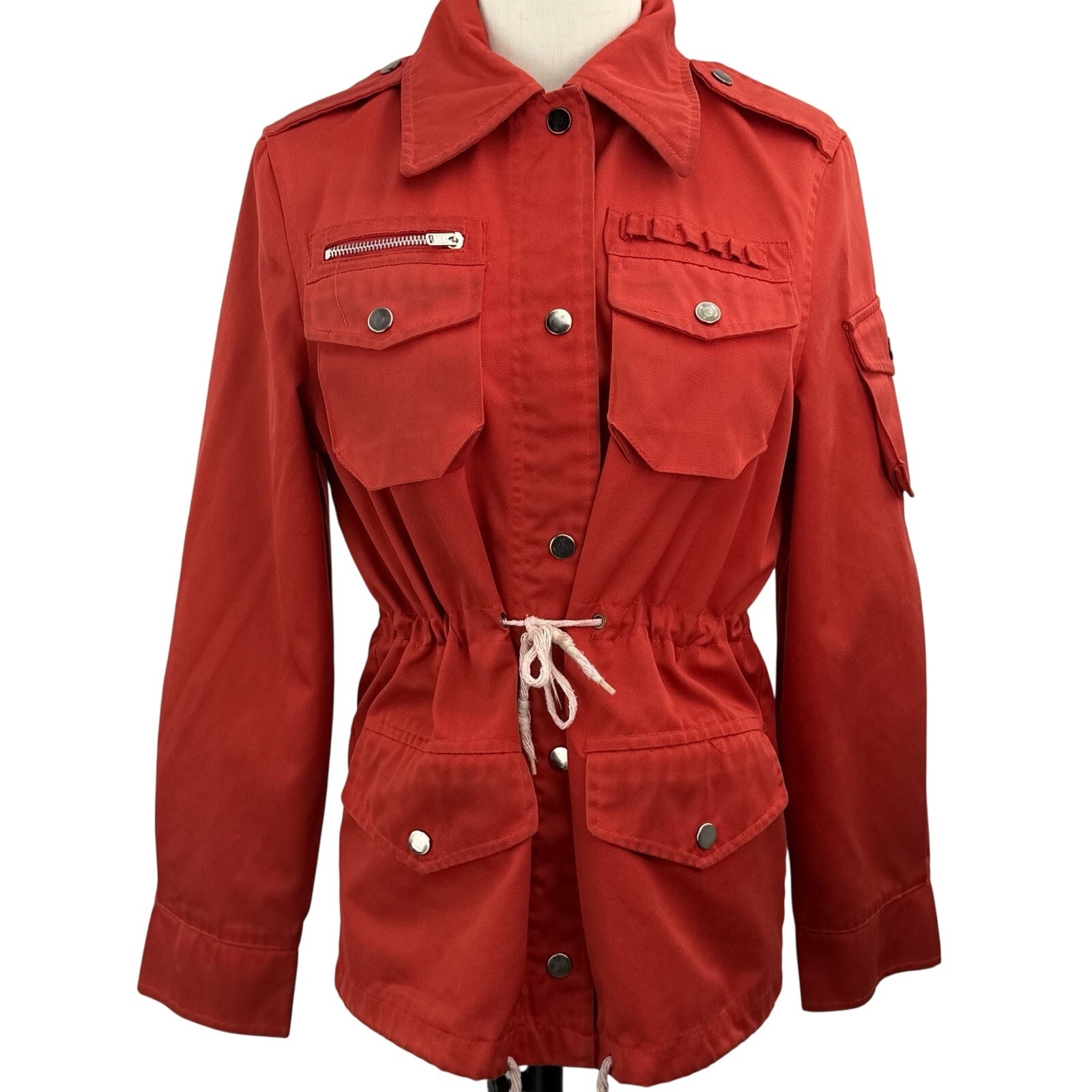 Vintage 70s Red Utility Jacket Small Cinch Waist Military Safari Field Coat