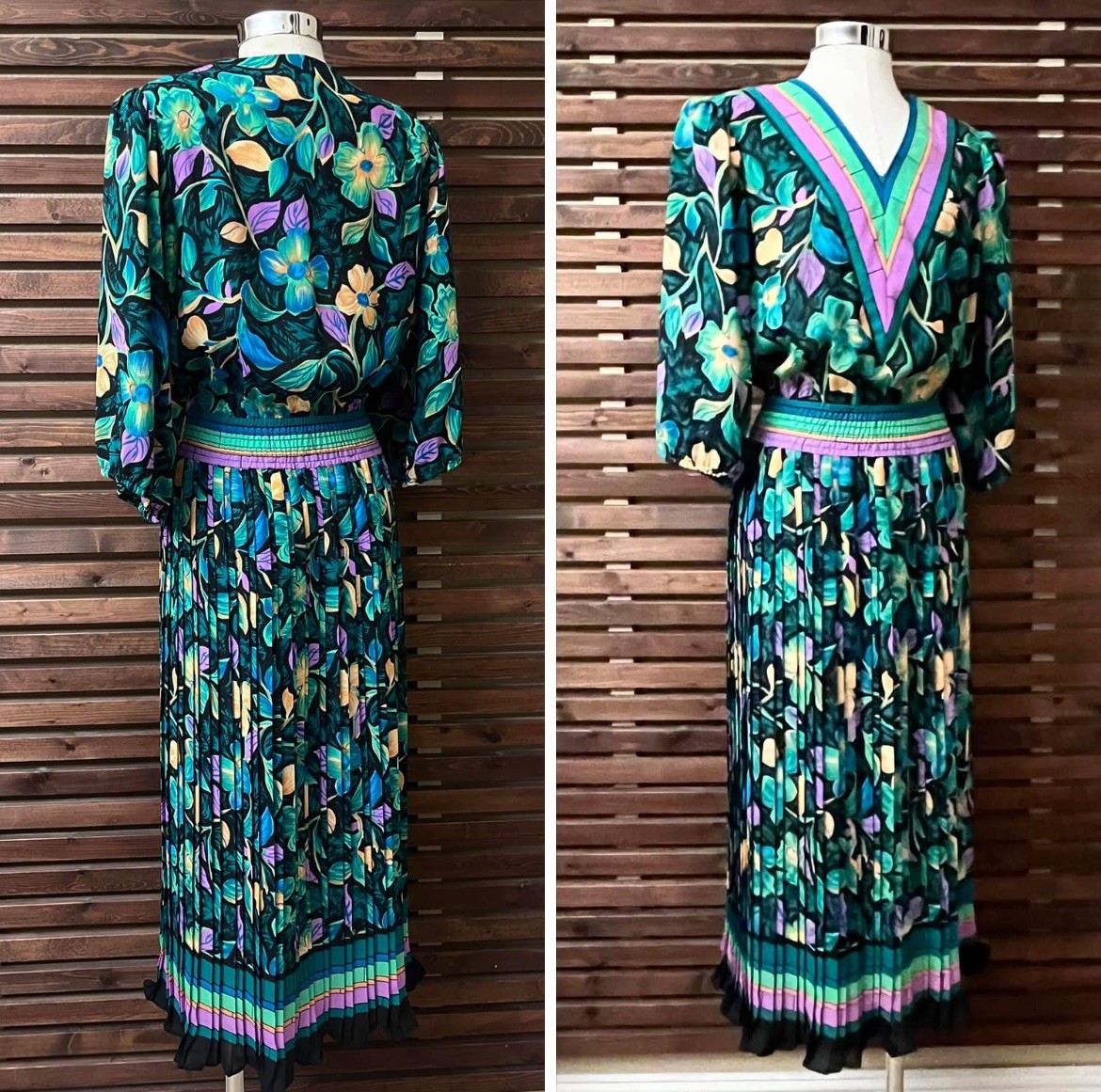 1980s Vintage Black Purple Orange Green Floral 3/4 Sleeve V-Neck Pleated Dress