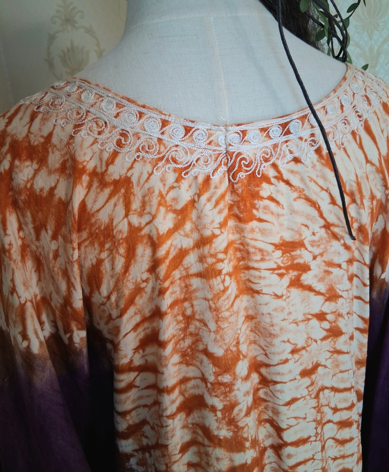 Vintage 1970s Handmade Purple Orange Embroidered Tie-Dye Bohemian Hippie Caftan