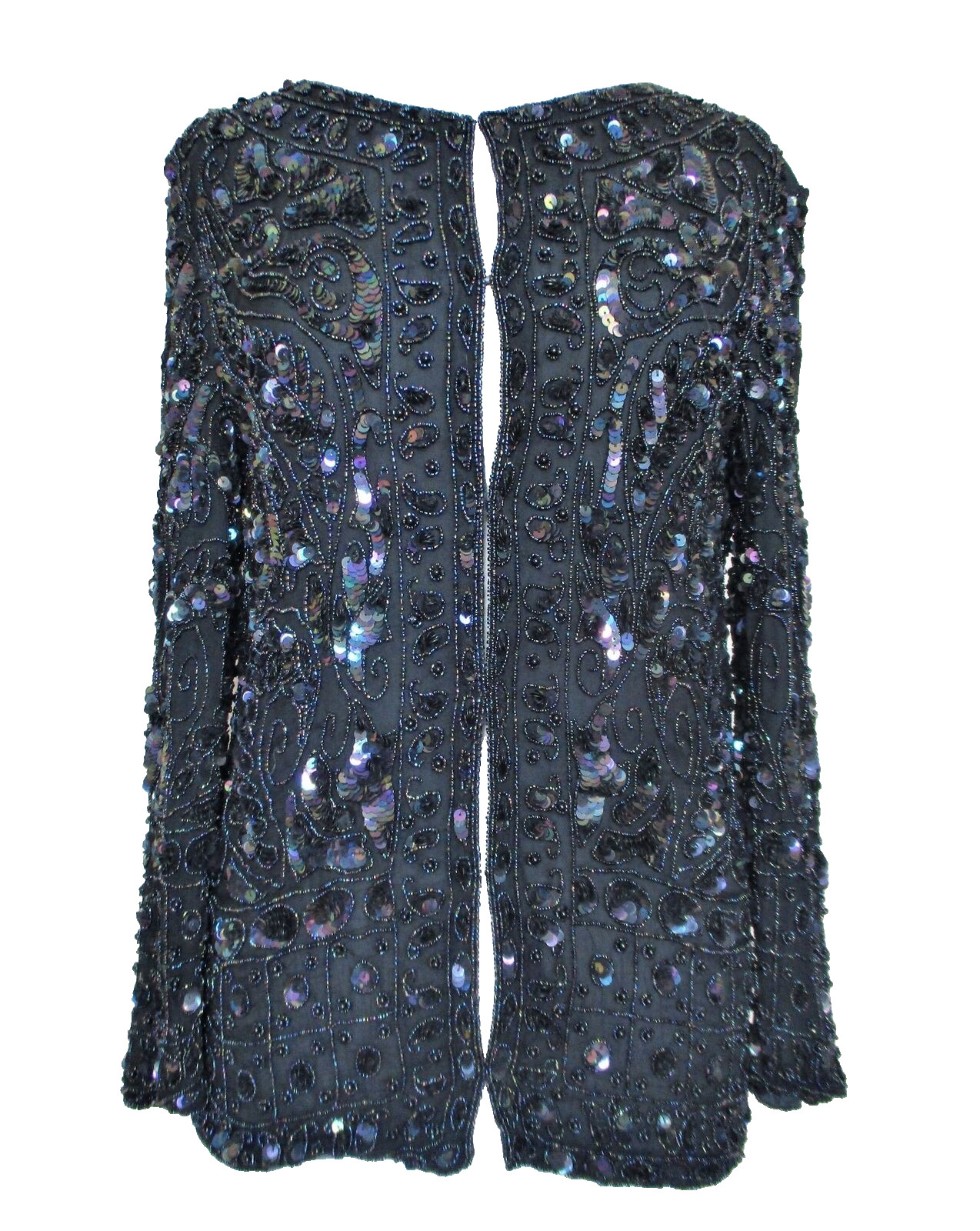 Vintage 70s Joseph Le Bon Sequin Jacket Black Beaded Silk Chiffon S Women