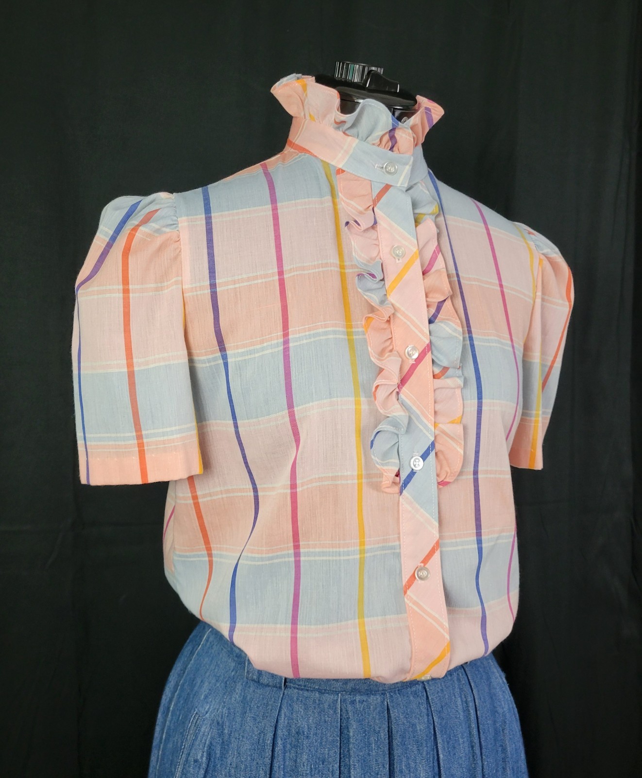 Vtg Lucky Winner Peach/Blue/Pink/Purple Plaid Top w Ruffled Collar Size 11/12