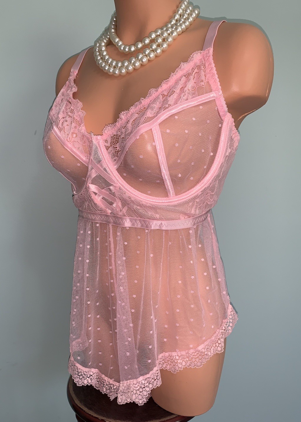 NEW SHEER Chiffon Teddy Romper Bodysuit XL SOFT Pink Polka Dot UW Bra Top