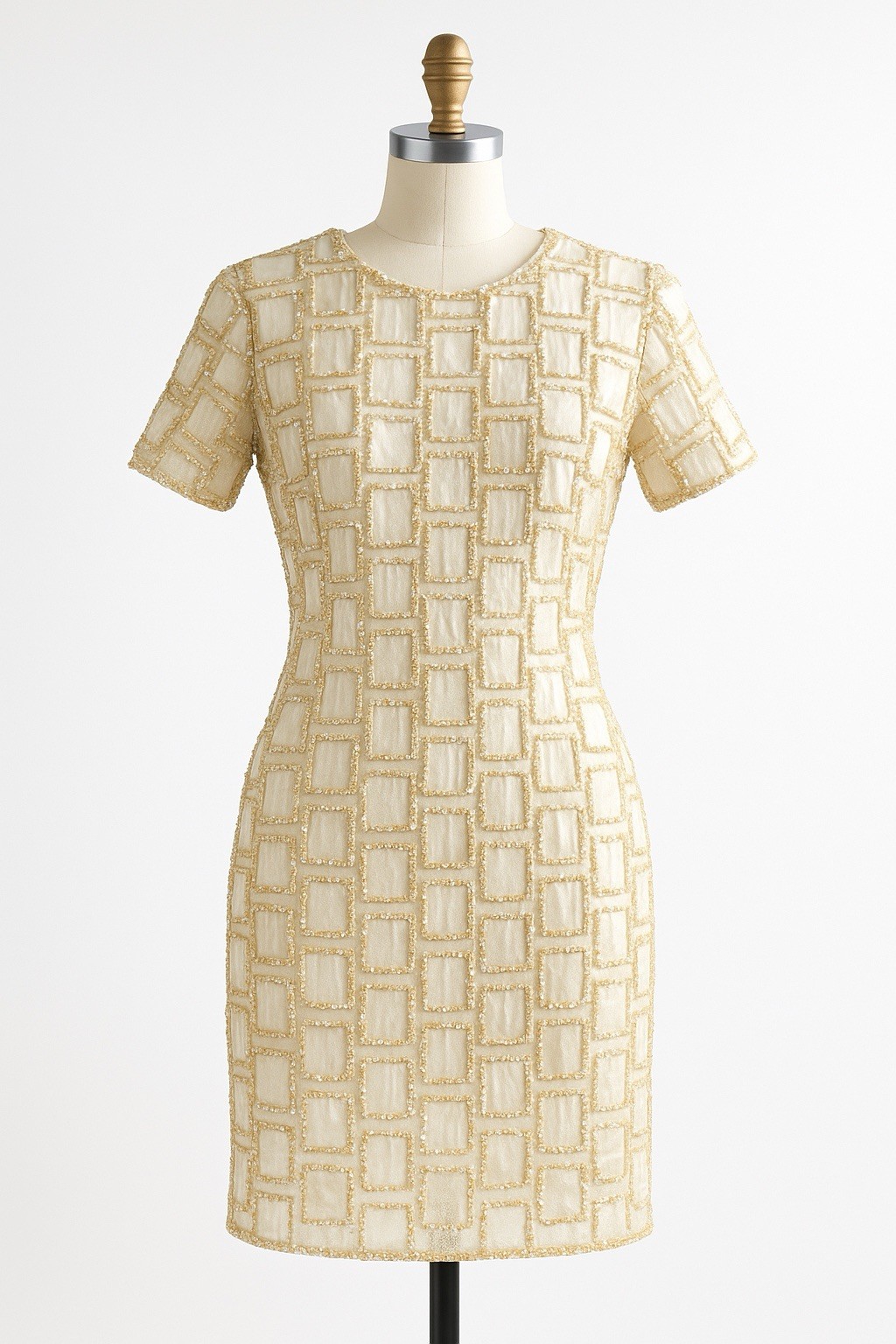 Vintage 90s Beige Silk Beaded Cocktail Dress Jennifer KVM M
