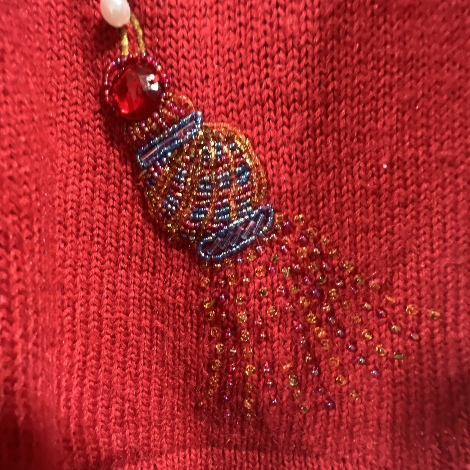 VTG Western Connection womens S tunic Sweater Red pearls beaded v neck 80s Retro