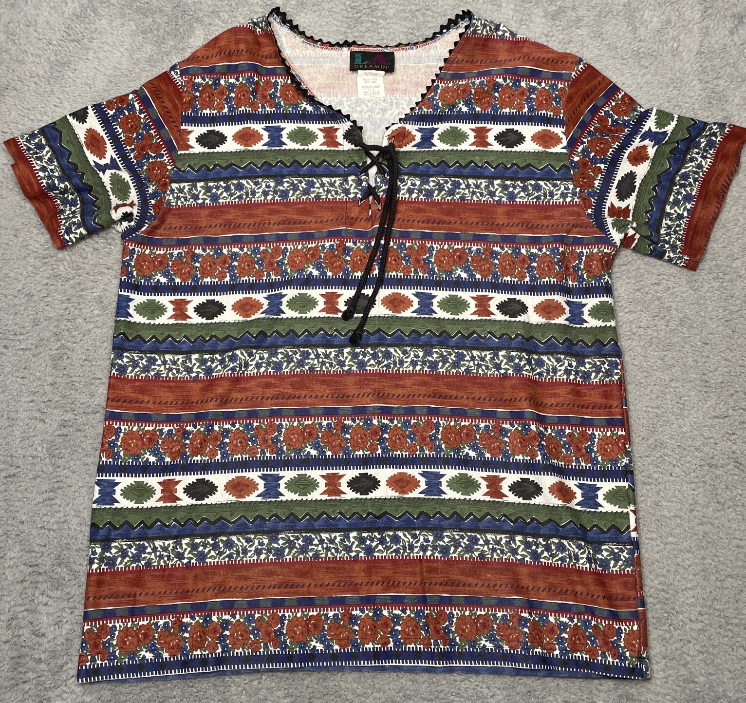 RARE Vtg 90s LA Dreamin Aztec Floral Short Sleeve Shirt Women Sz 20 Made In USA