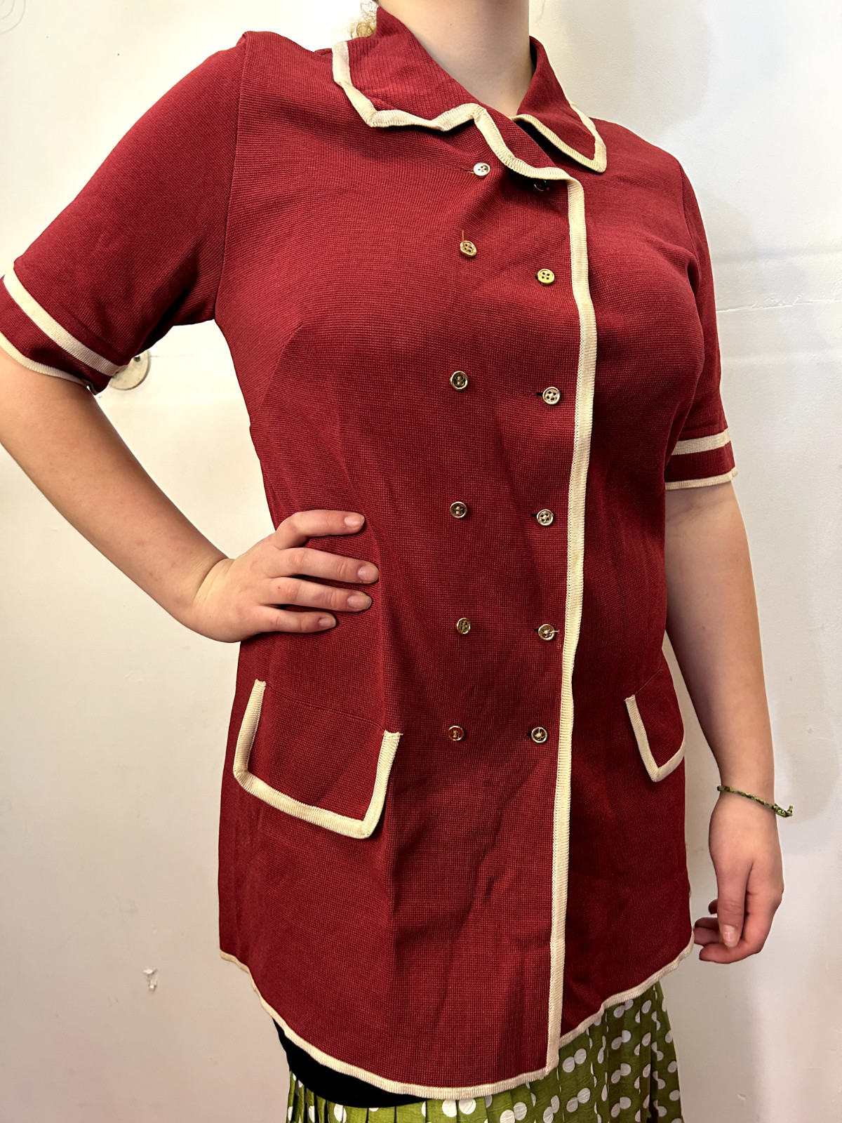 Vintage 1970s Knit Nylon Blazer Burgundy Maid Uniform Nurse Costume Retro AU 12