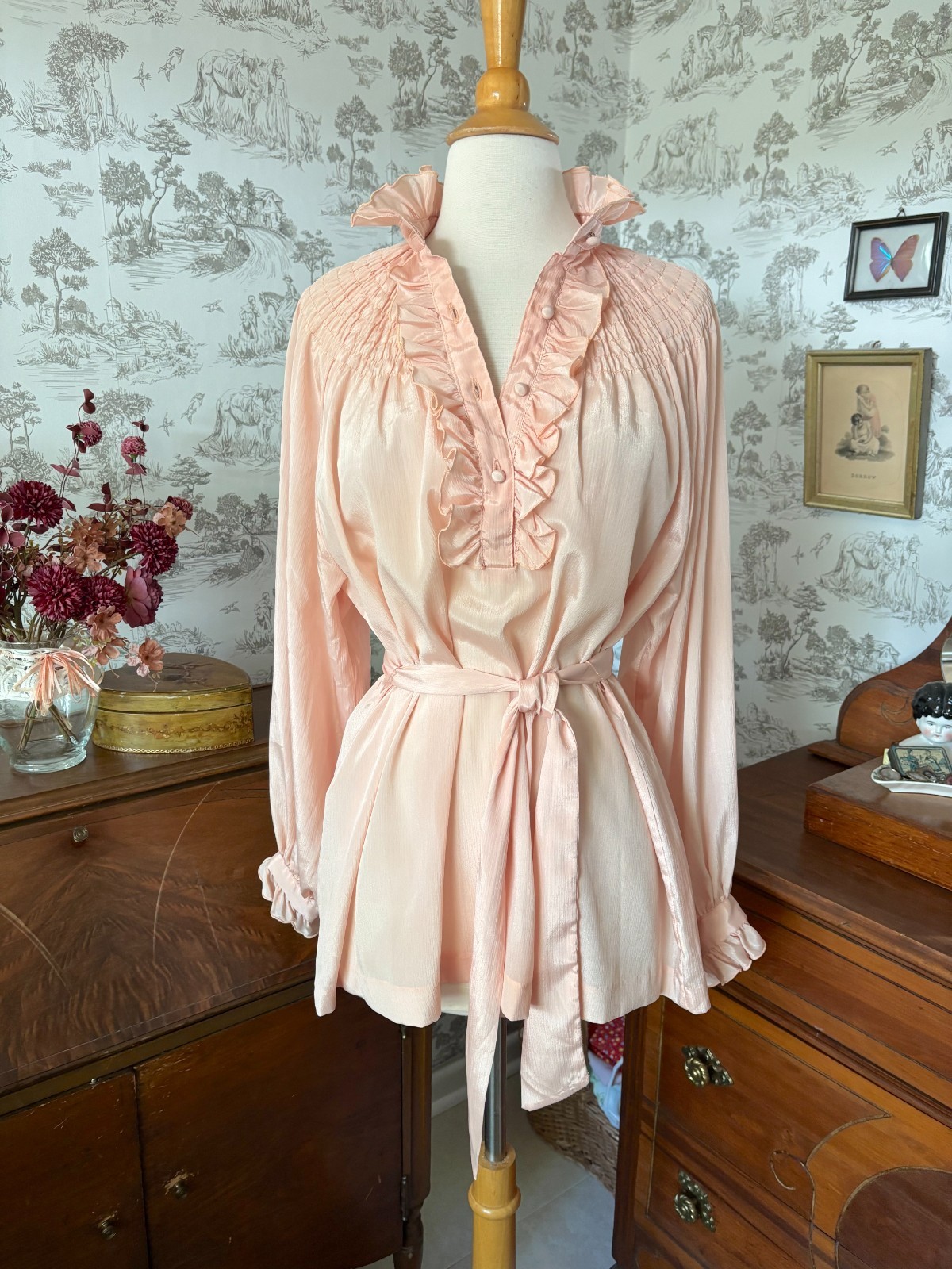 Vintage 70s The French Clique Pink Ruffle Smocked Button Down Blouse: Coquette