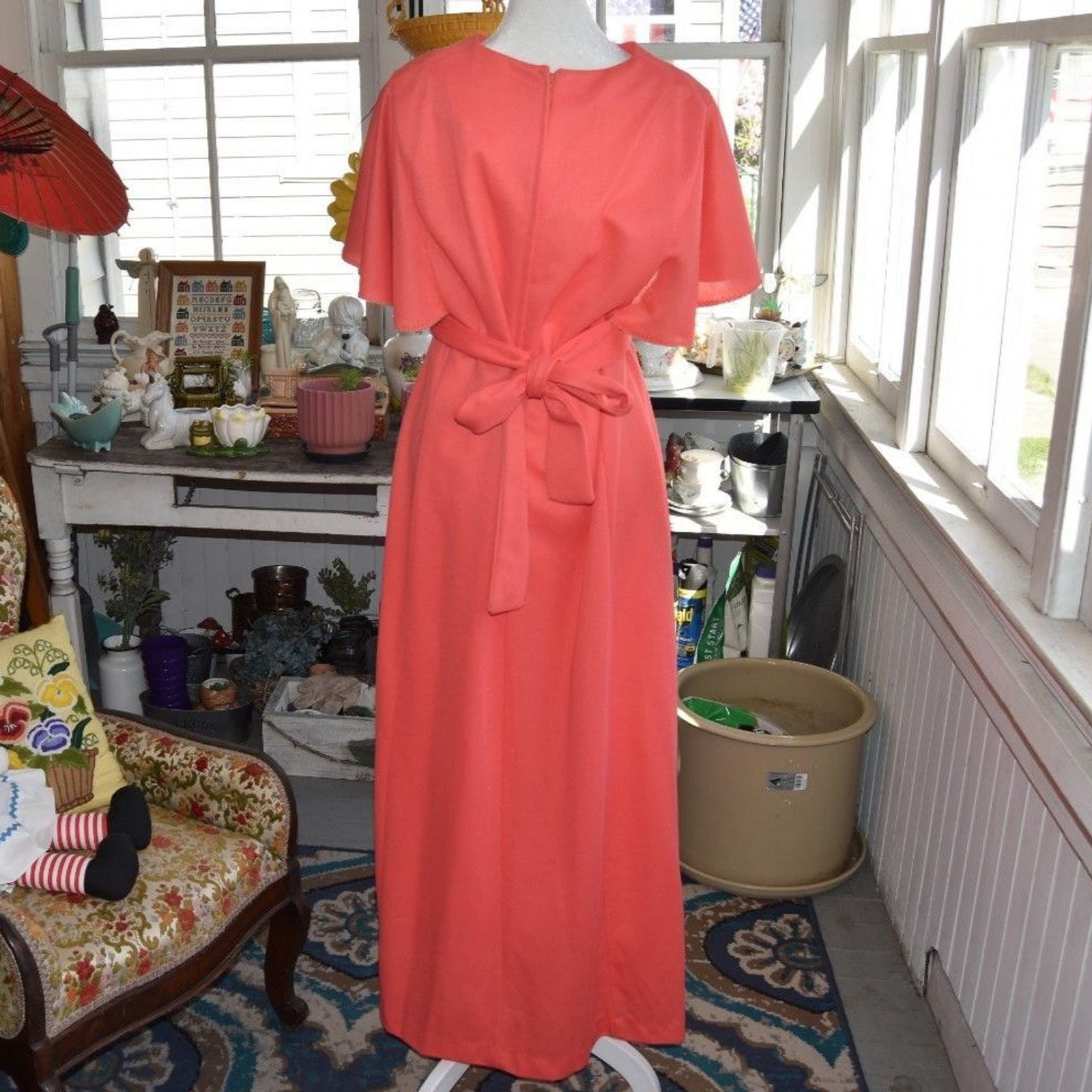 Vintage 70s Coral Hostess Gown Maxi Dress Empire Waist Flutter Sleeve L