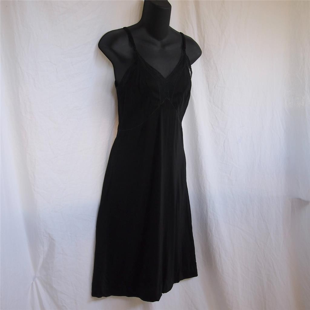 Vintage 50s ARTEMIS Rayon Slinky Sexy Black Full Slip Floral LACE 32 S Pin-Up
