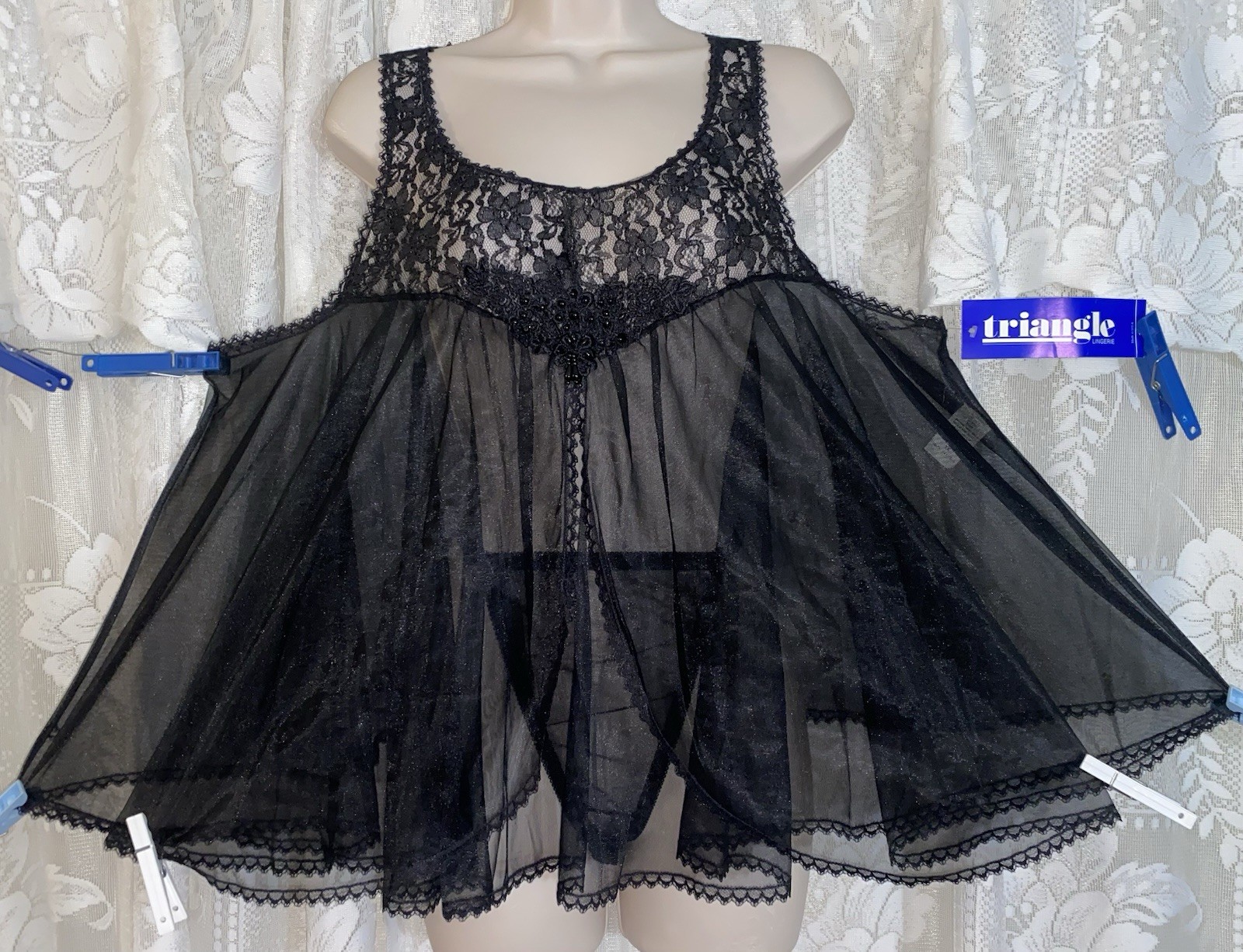 VTG NWT 1X Black Fancy Full Sheer Db Chiffon Babydoll Nightgown w Panty SET USA