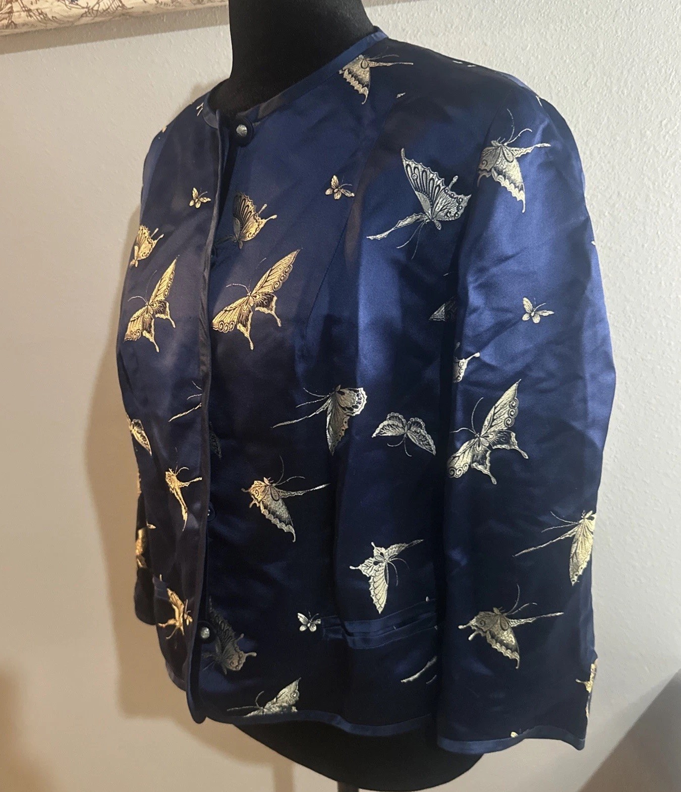 Ying Tai Ltd Vintage Women Jacket Silk Gold Butterfly Motif Hong Kong Boutique