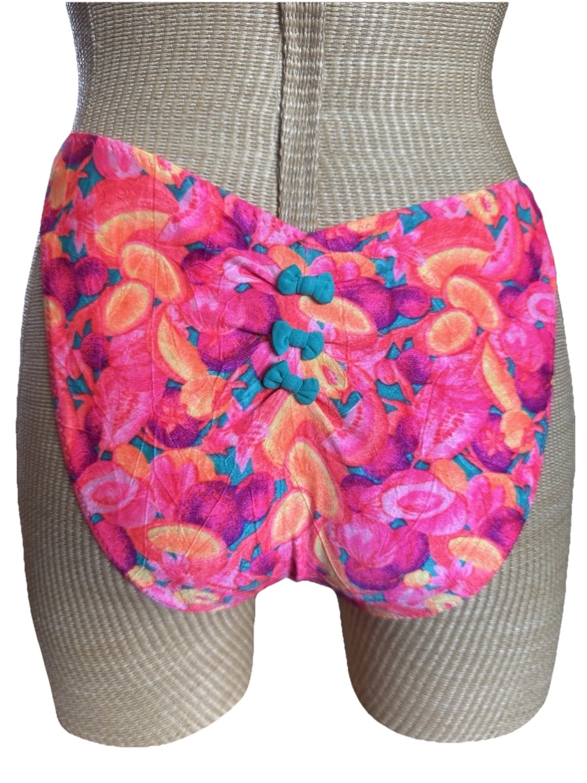 Vintage 90s High Cut Bikini Bottoms Neon Pink Print Ruched Bows USA Made SMALL