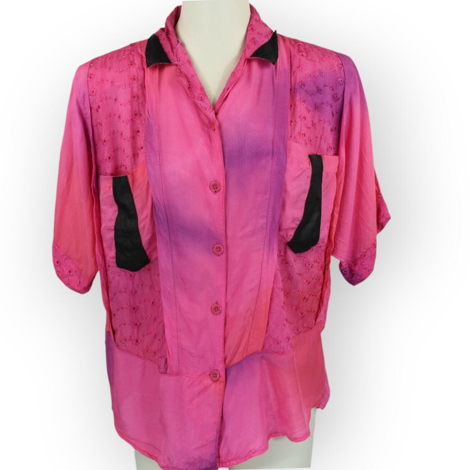Vintage 80s Maharaj Blouse (S) Rayon FauxLeather Embroider Dyed S/S ButtonUp