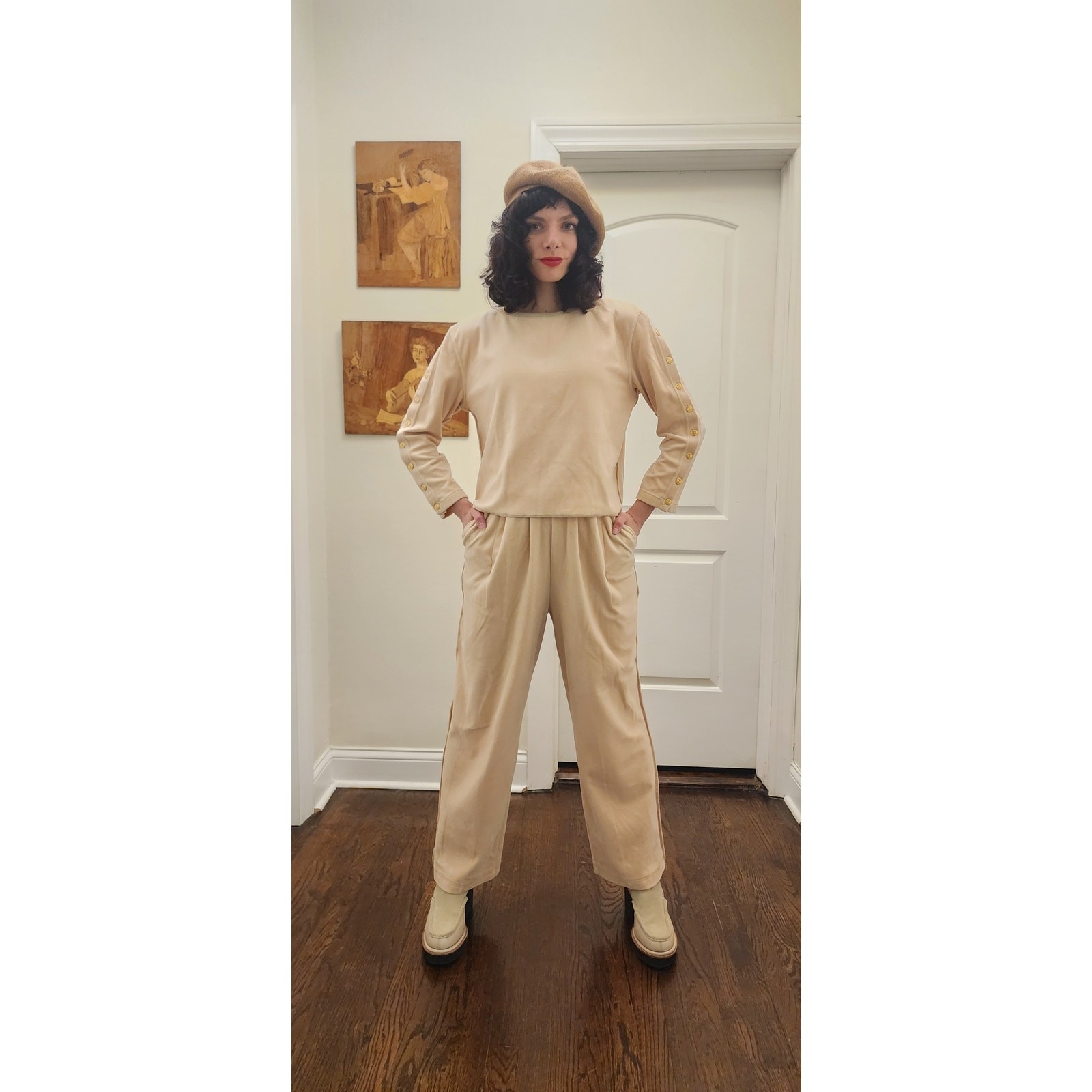 Vintage 90s Sonia Rykiel Velour Track Suit Beige w/Gold Buttons