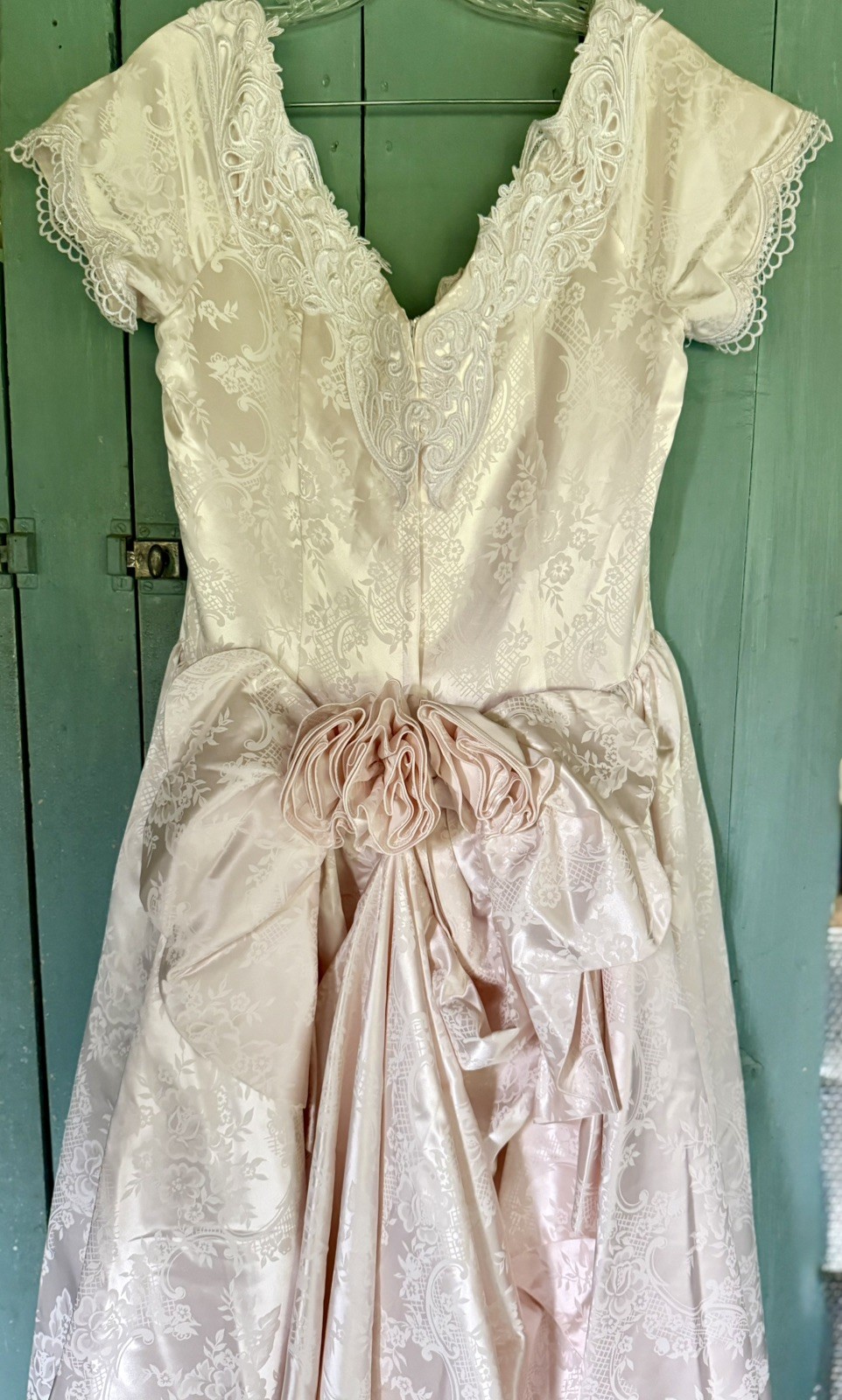Basque Waist Gown WEDDING Princess Formal Satin Brocade Blush Bustle Roses M+
