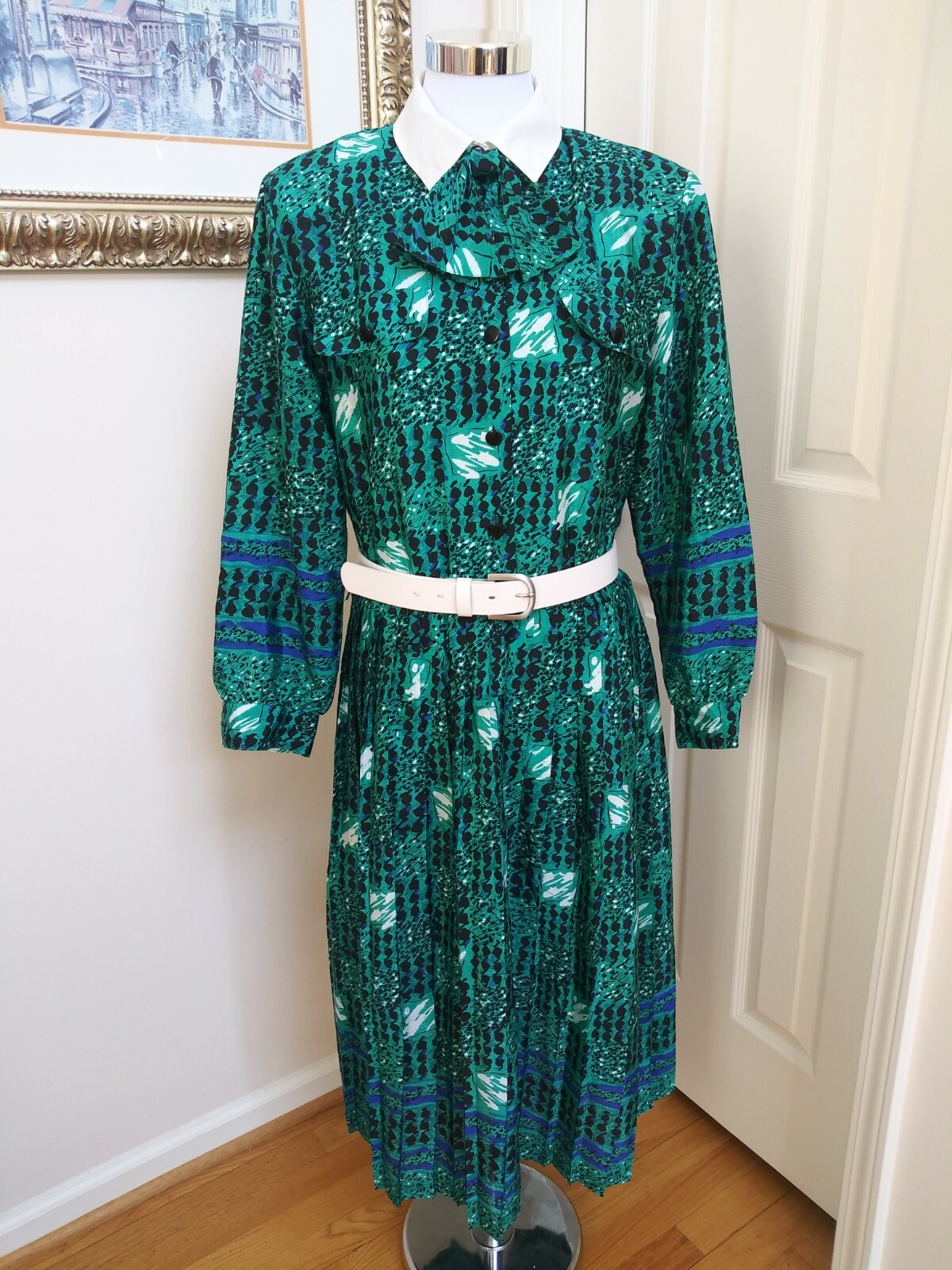 Vintage Andrea Gayle Green Black White Blue Dress Long Sleeve Sz 12 Petites EUC