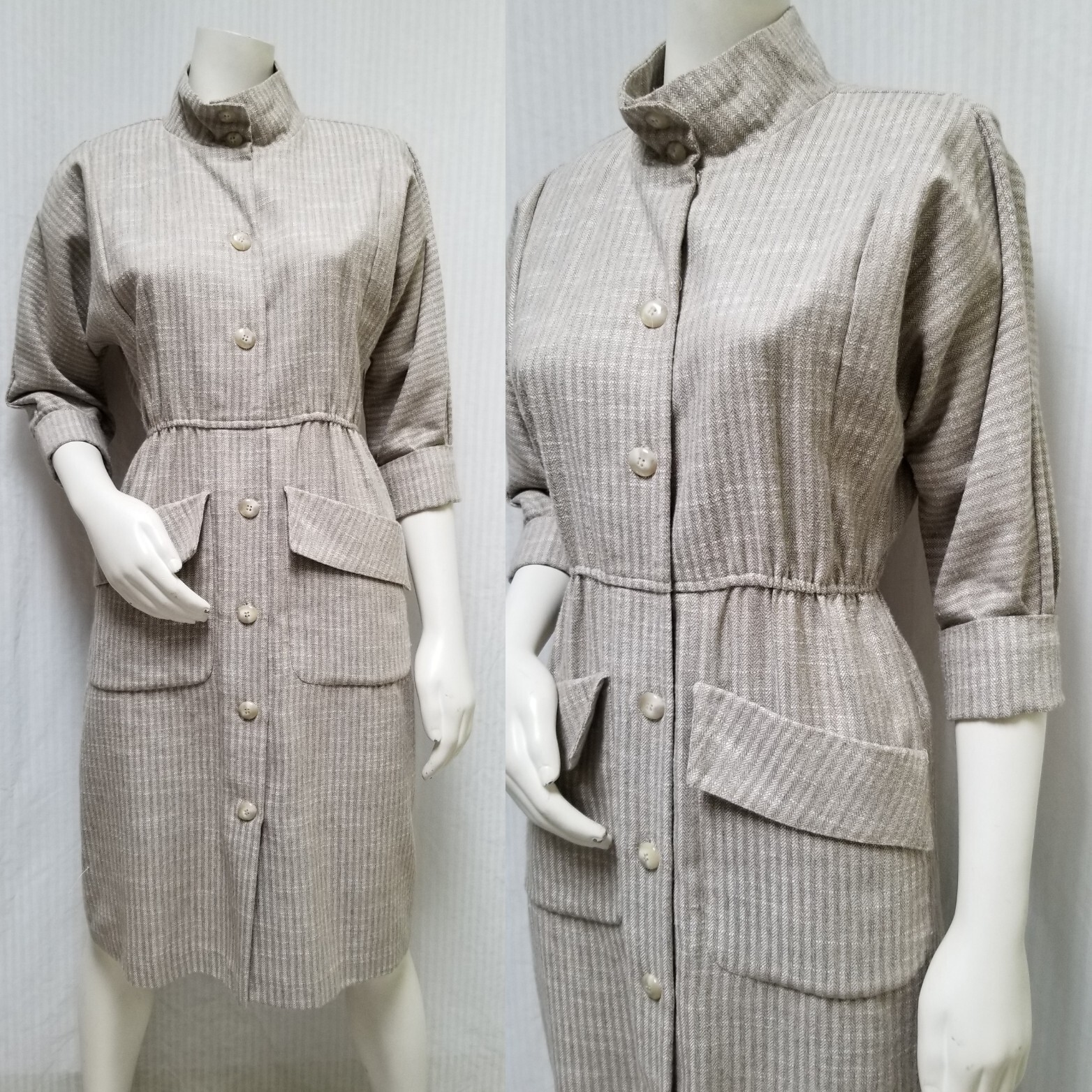Vintage 80/90s CASSIDY Beige Ivory Stripe Button Front DRESS – Size S/M
