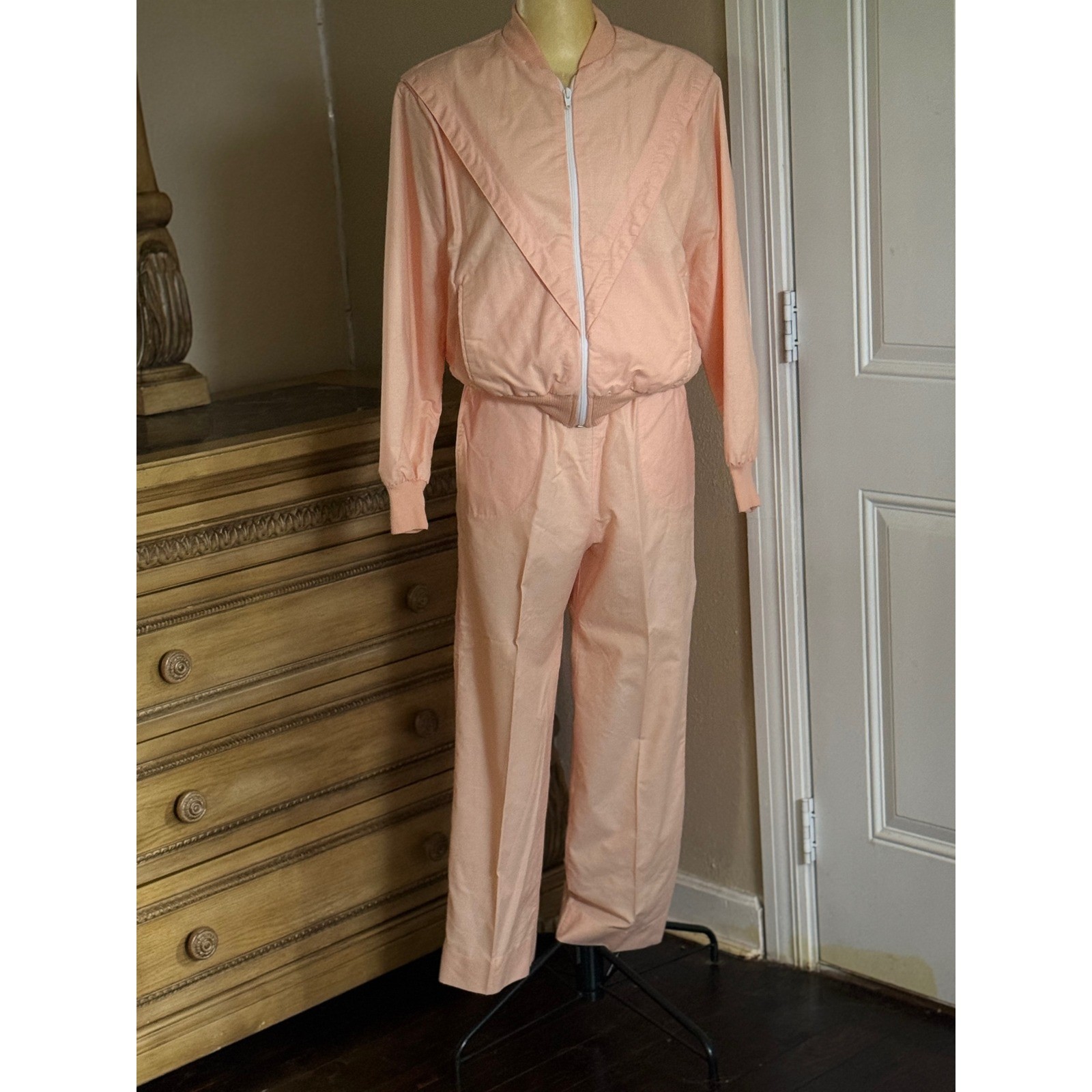 Vintage 80s Peach Tracksuit Set Retro Jacket & Pants Soft Pastel Athleisure XS