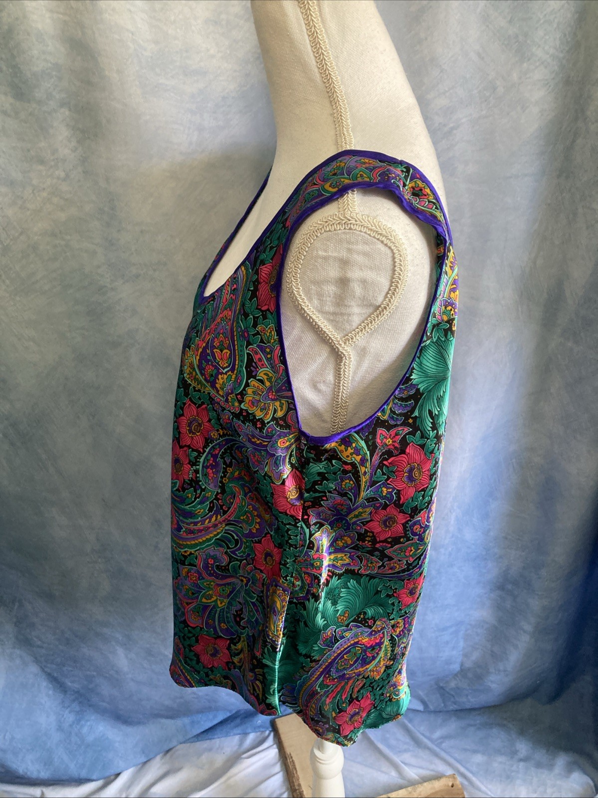 Vtg 80s California Dynasty Satin Cami Tank Top Plus 1X Jewel Tone Paisley Floral