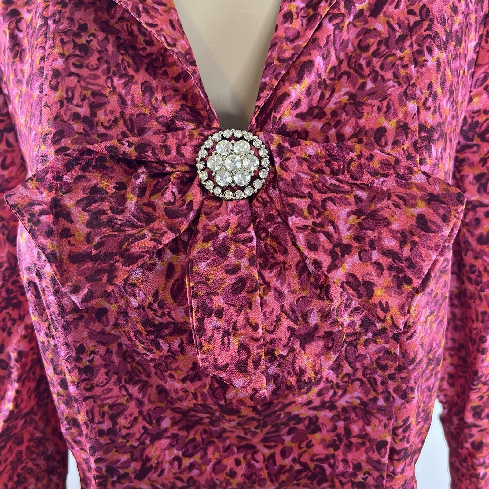Vintage 1960s Dress Colorful Pink Abstract Floral Mod Drop Waist Bow Rhinestone
