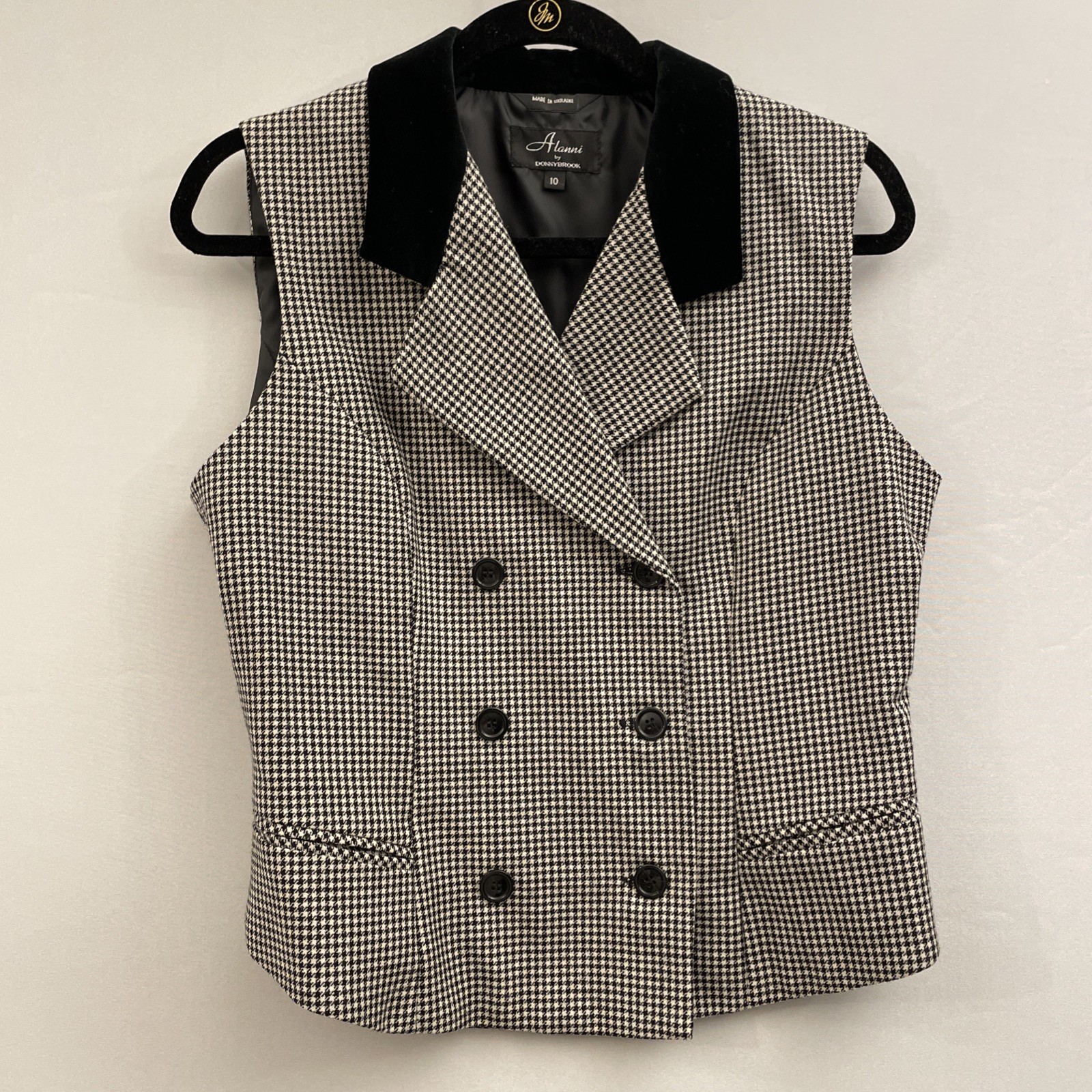 Vtg Alanni by Donnybrook Vest Dbl Breasted Wool Houndstooth Black Velvet Collar