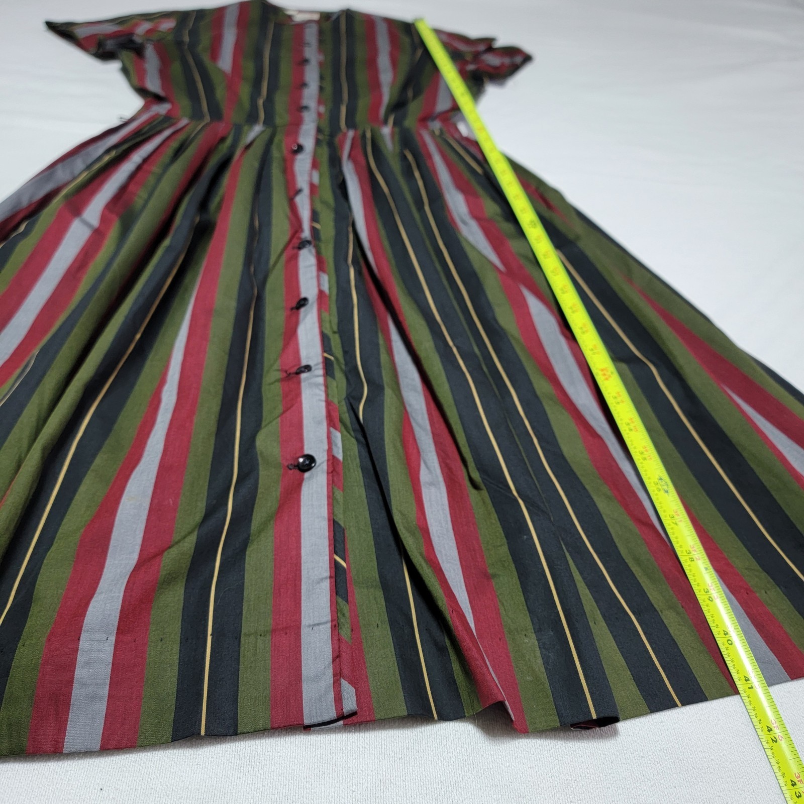 Vintage Bobbie Brooks 60s Striped Day Dress Red Black Green Grey Women Size S/6