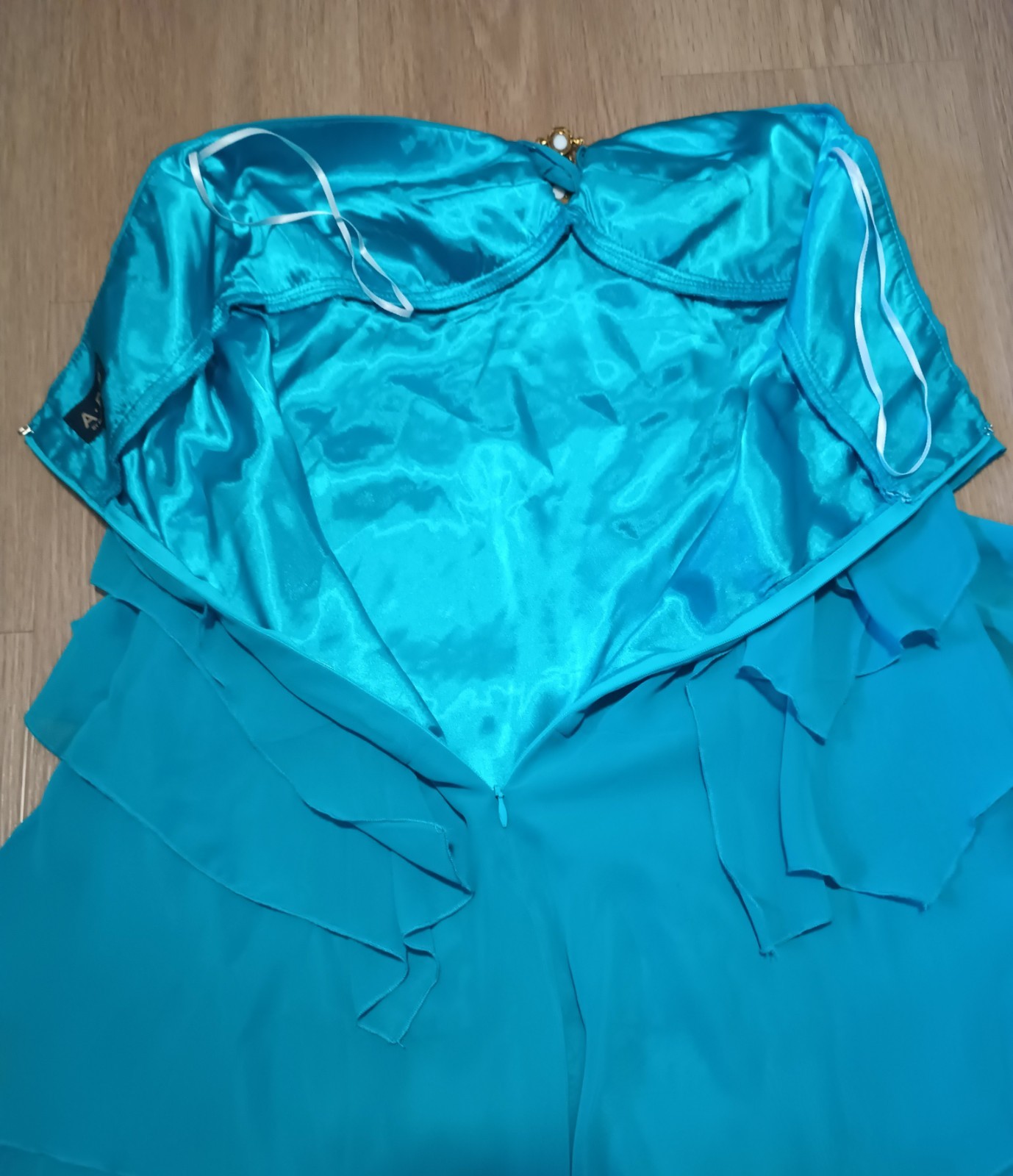 Vtg 90s ABS ALLEN SCHWARTZ Teal Sheer Tiered Layered Empire Evening Prom Dress 4