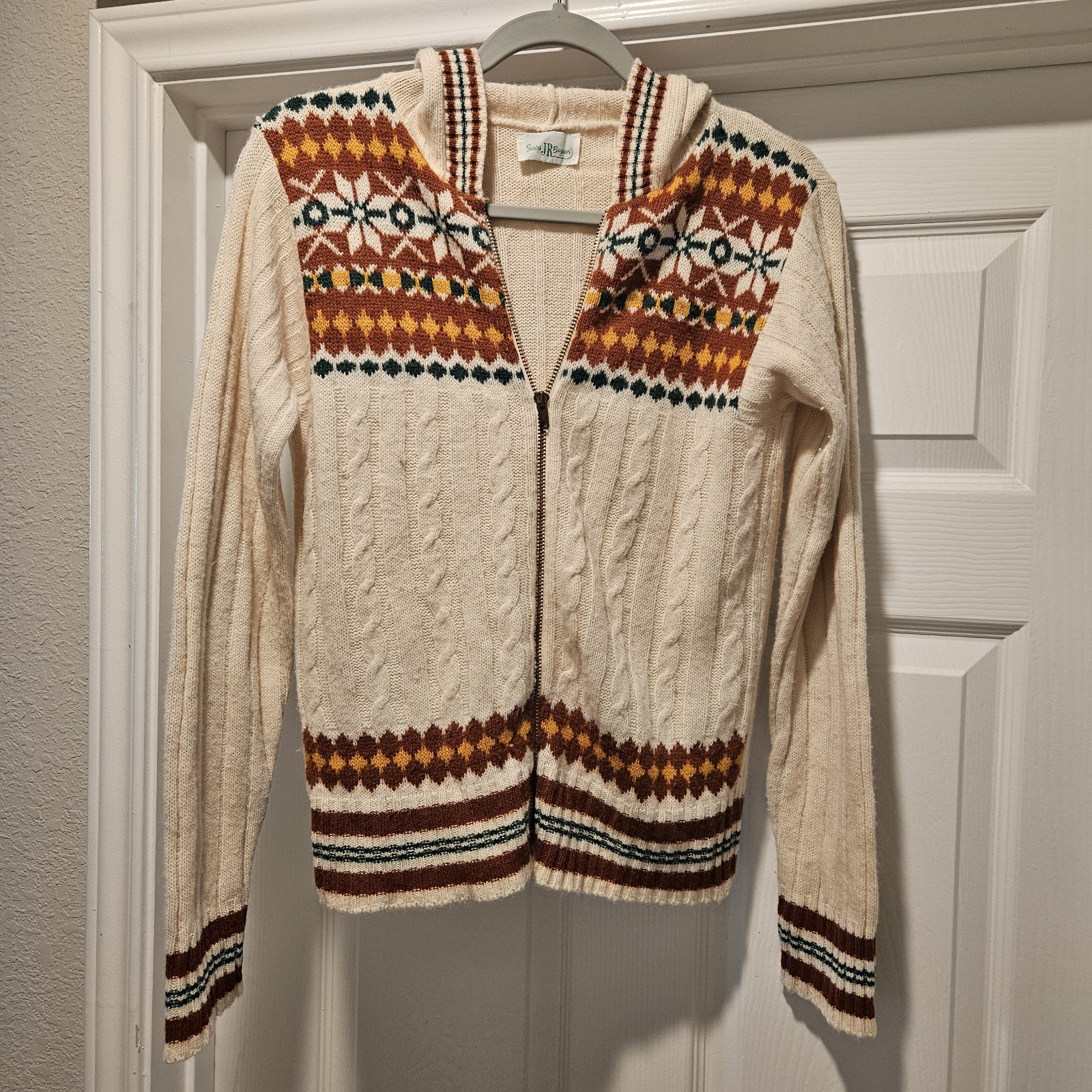 Vintage 1970s Sears Jr Bazaar Fair Isle Zip Hoodie Sweater Cream Brown Cable…