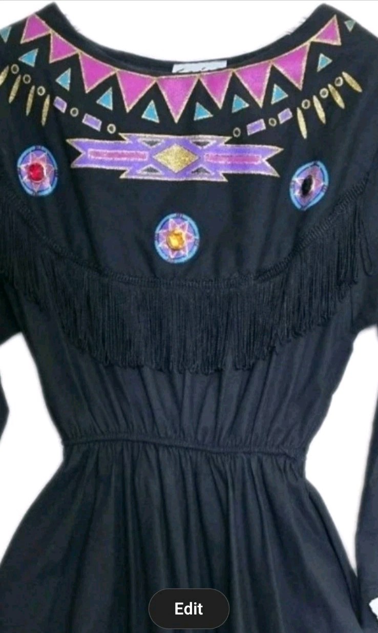 Sas’sa VTG 80s Western Black Dress Sz 7-8 Fringe Bling Embellished Rodeo Cowgirl