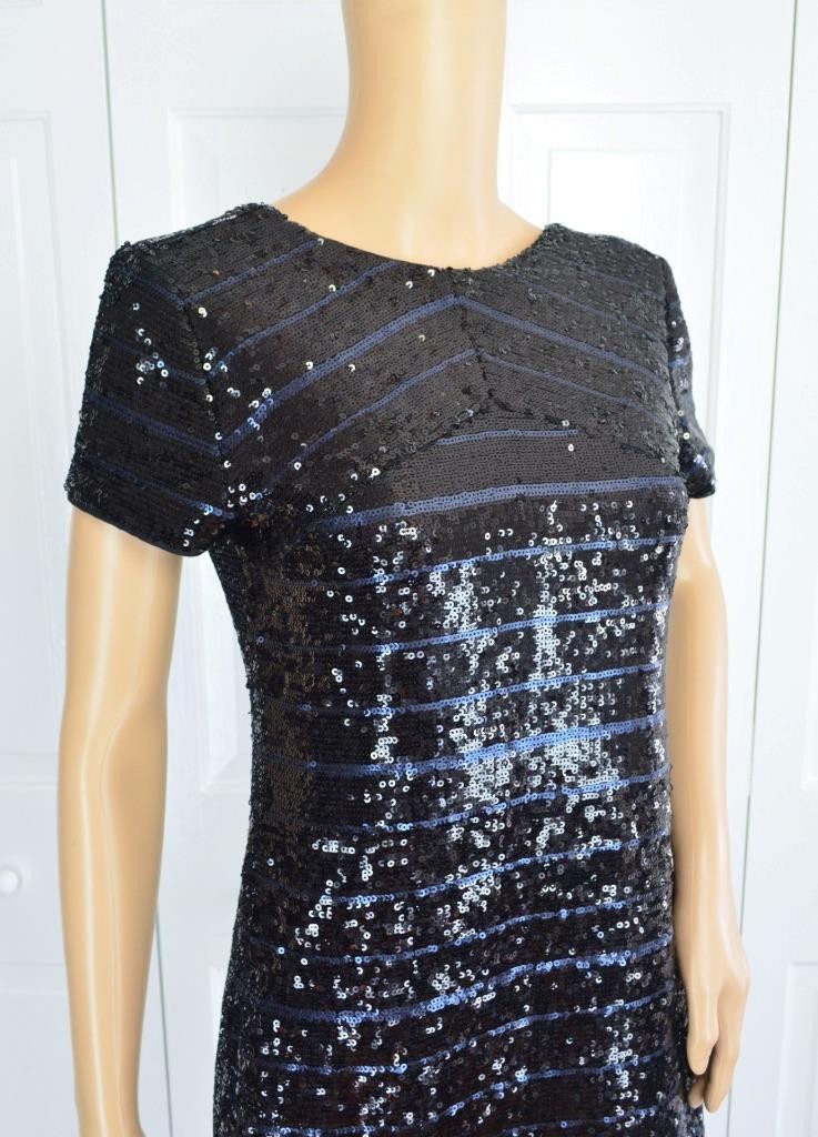 VTG 90s Mini Black Blue Sequin Scooped Back Gatsby Flapper Party Cocktail Dress
