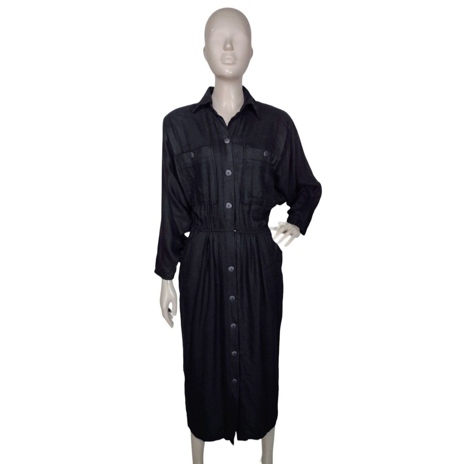 Vintage 80s Phoebe Black Textured Button-Down Batwing Sleeve Midi Wiggle Dress