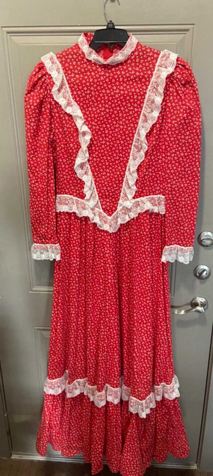 Handmade Red Bow Prairie Amish Dress Lace Costume Cottage Core SZ L..12/14 READ