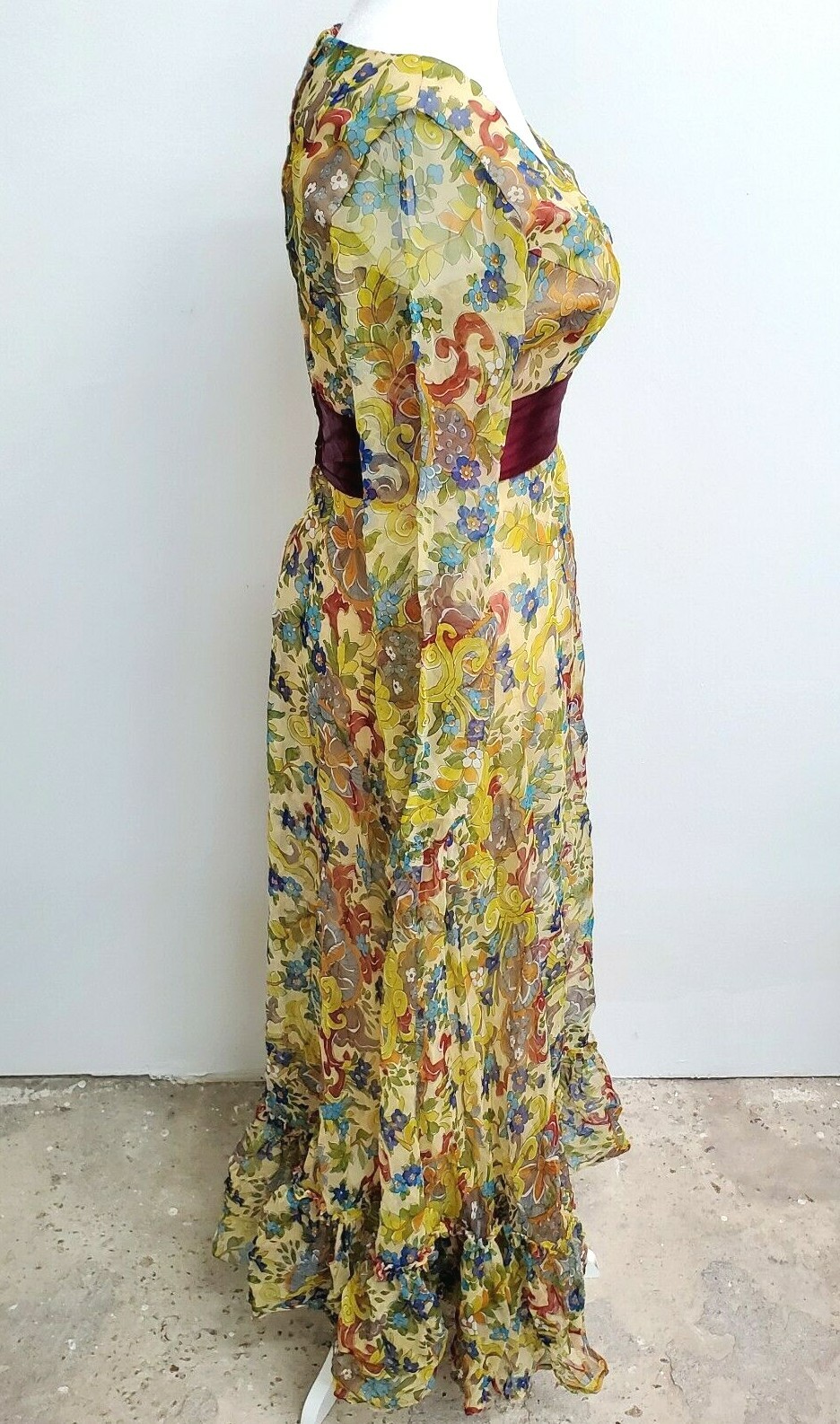 Vintage 70’s Maxi Dress Peasant Colorful Psychedelic Floral Hippie Sheer Chiffon