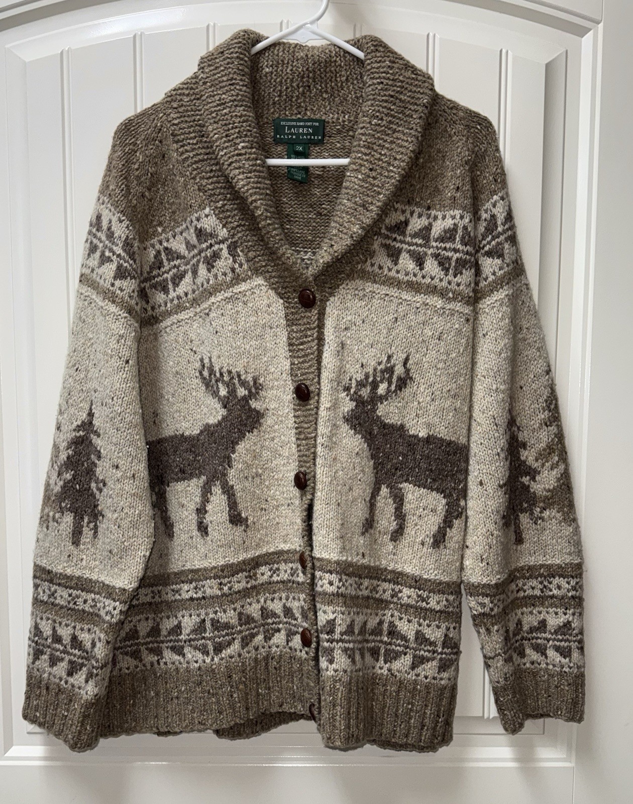 LN WOMENS 2X (bust 50”) LAUREN RALPH LAUREN VINTAGE HAND KNIT 100% WOOL CARDIGAN